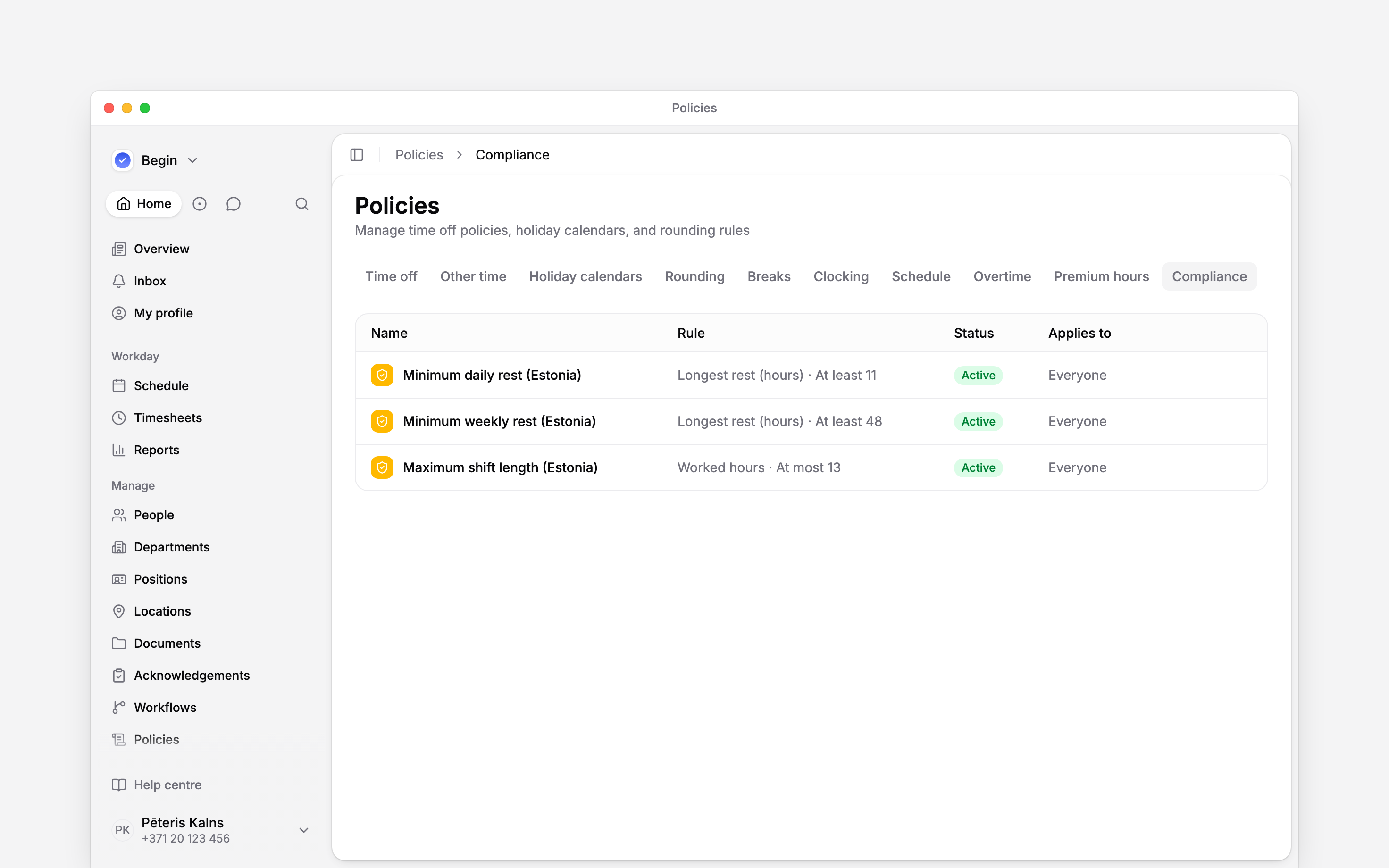 The Compliance tab listing configured rest and working-hour rules