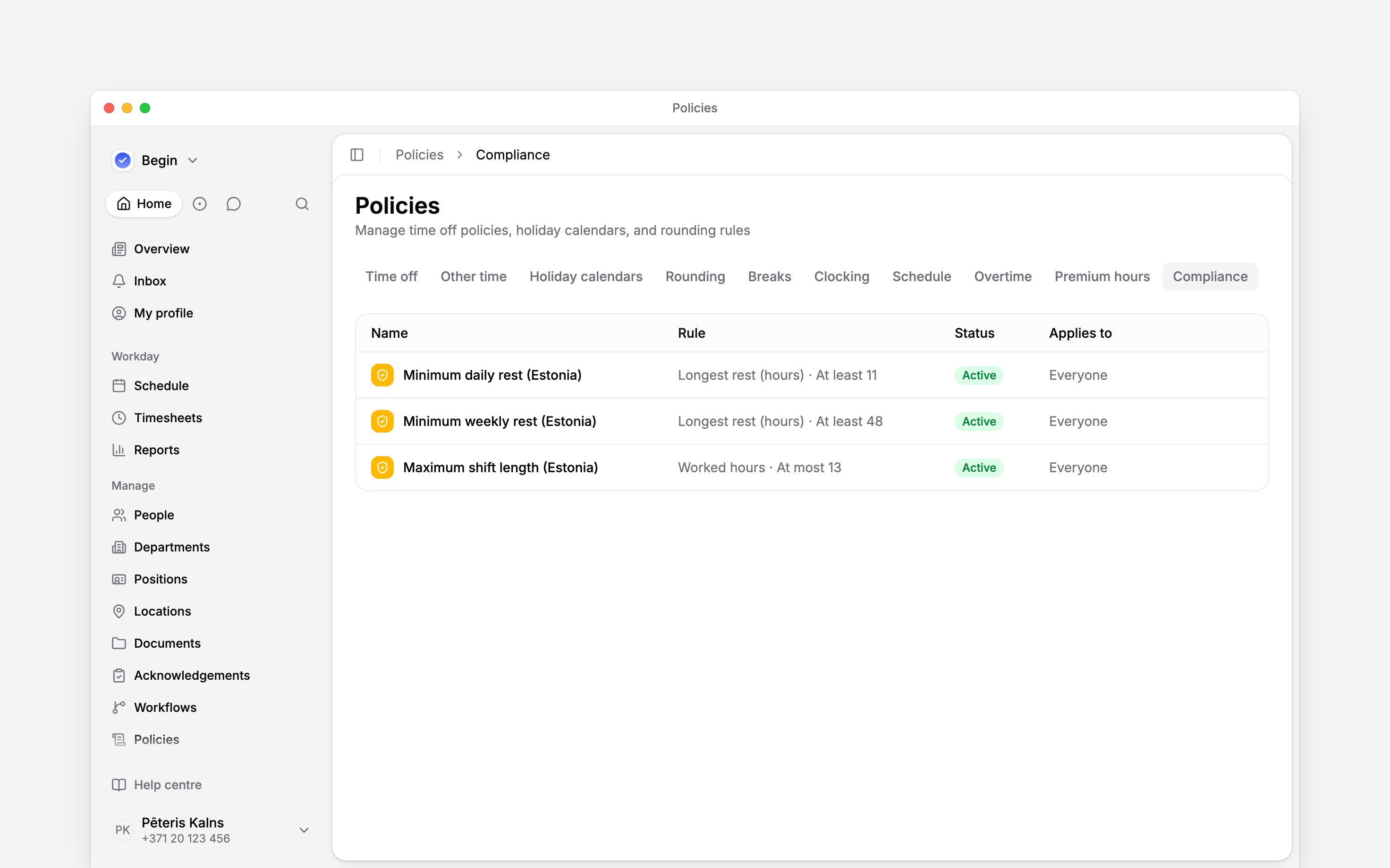The Compliance tab listing configured rest and working-hour rules