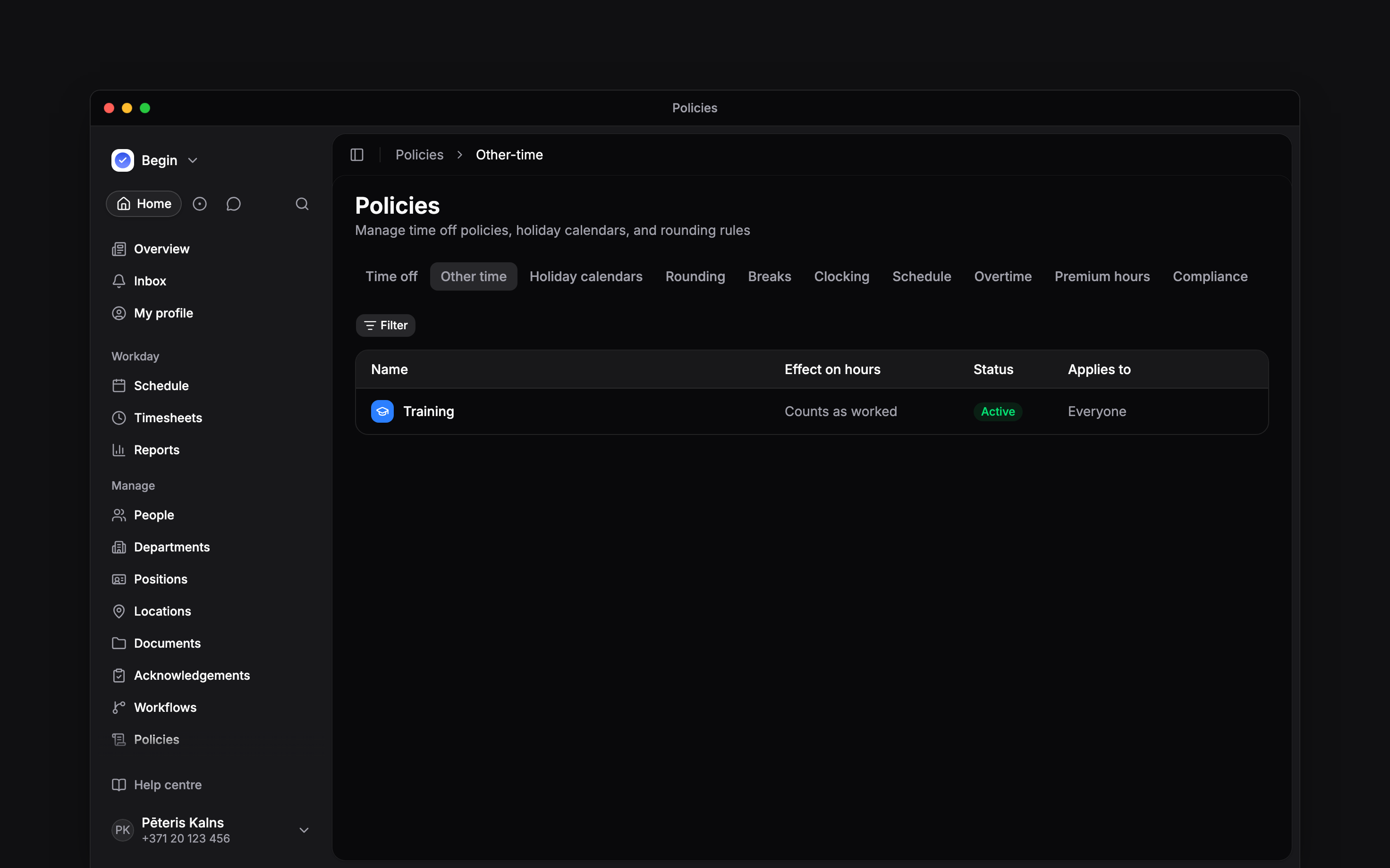 The Other time policy tab listing Training and Standby with their effects on hours