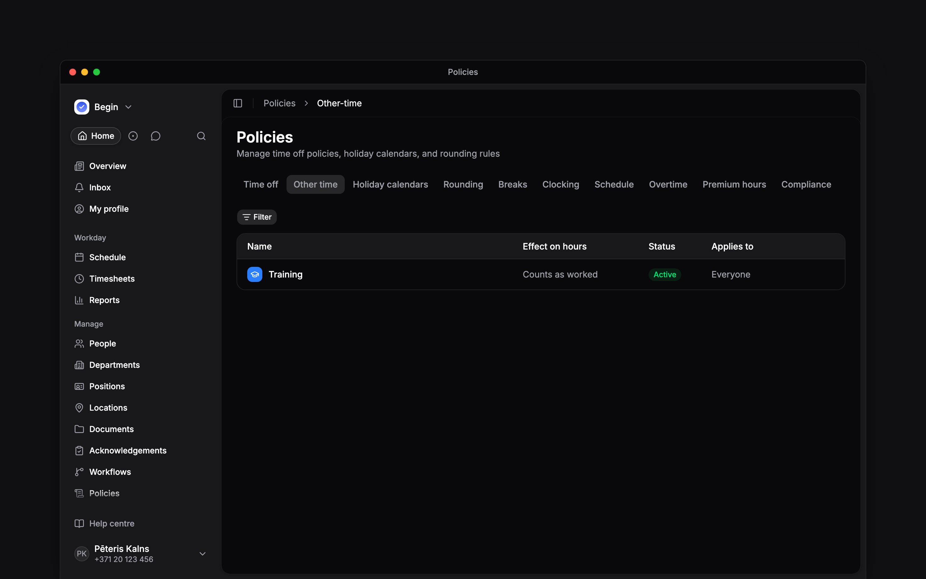 The Other time policy tab listing Training and Standby with their effects on hours