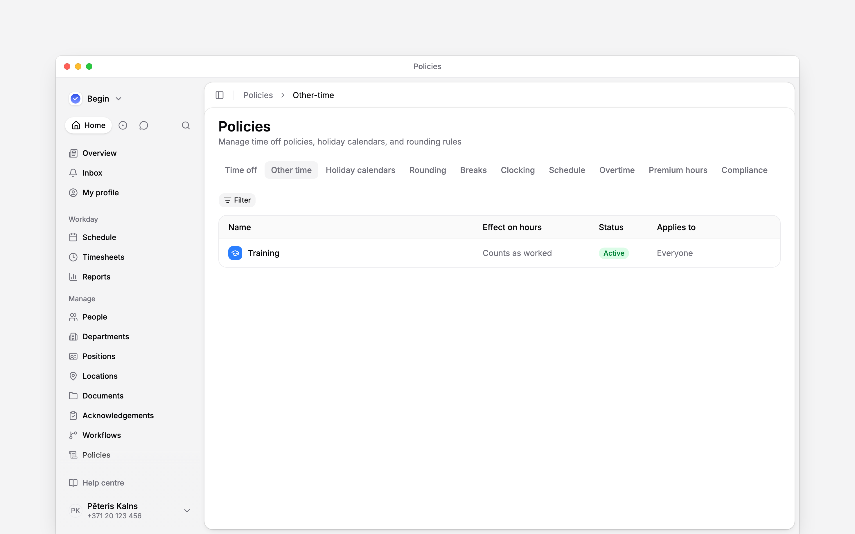 The Other time policy tab listing Training and Standby with their effects on hours