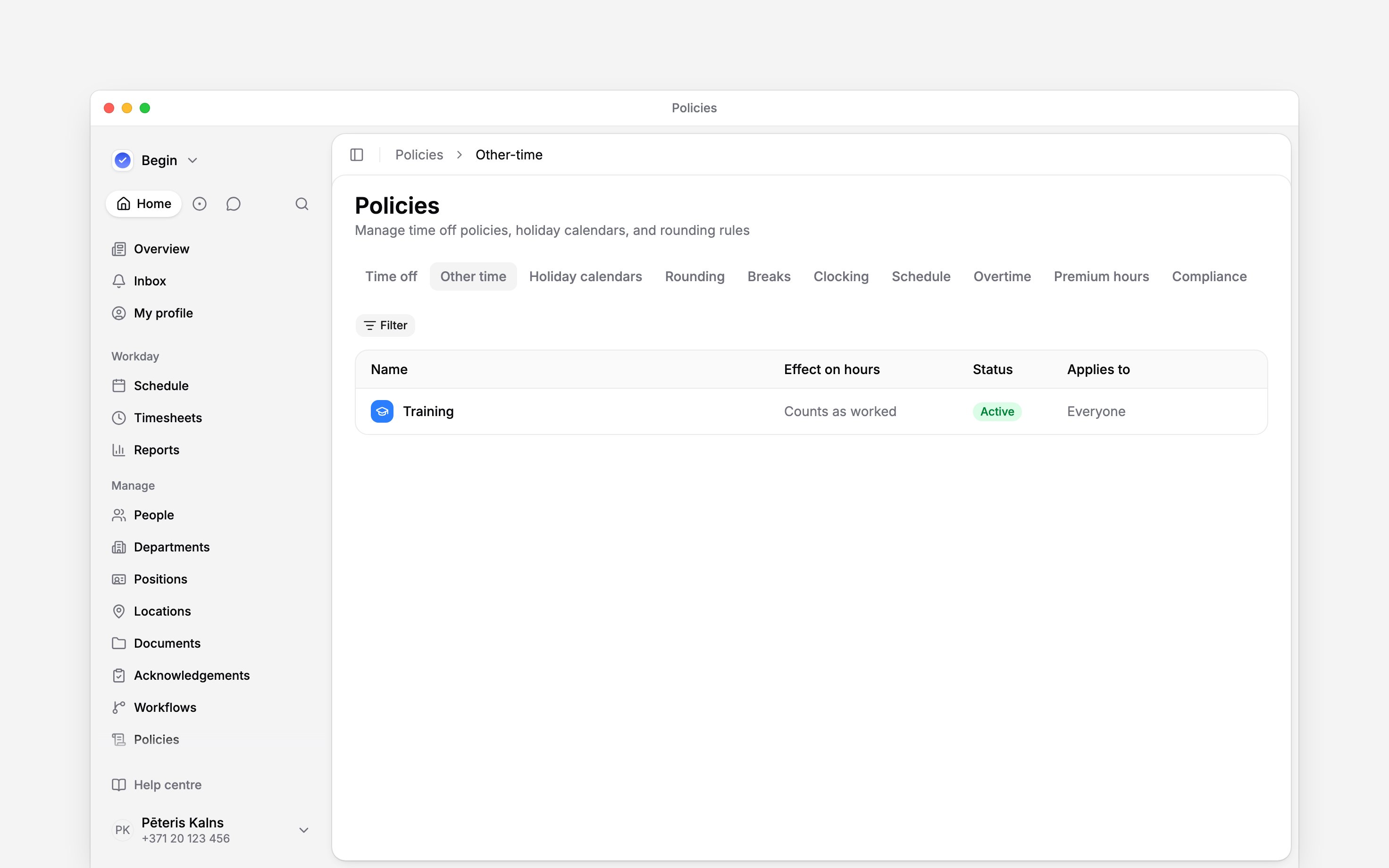 The Other time policy tab listing Training and Standby with their effects on hours