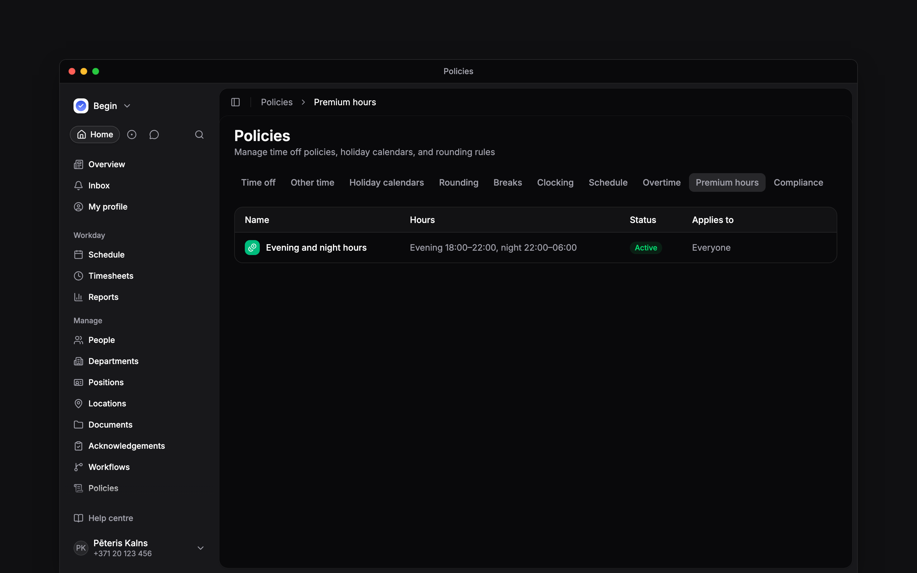 The Premium hours tab listing evening and night windows