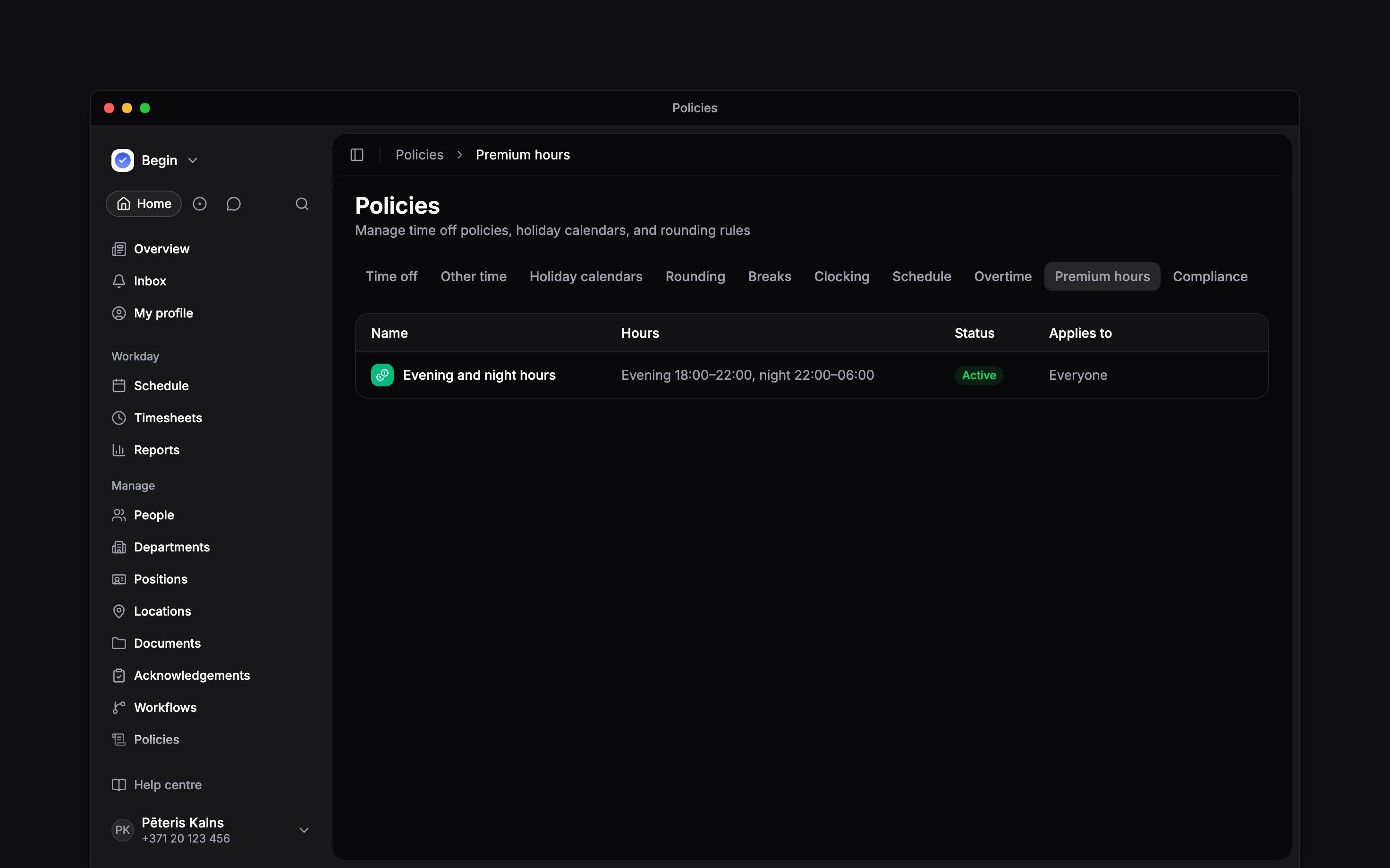 The Premium hours tab listing evening and night windows