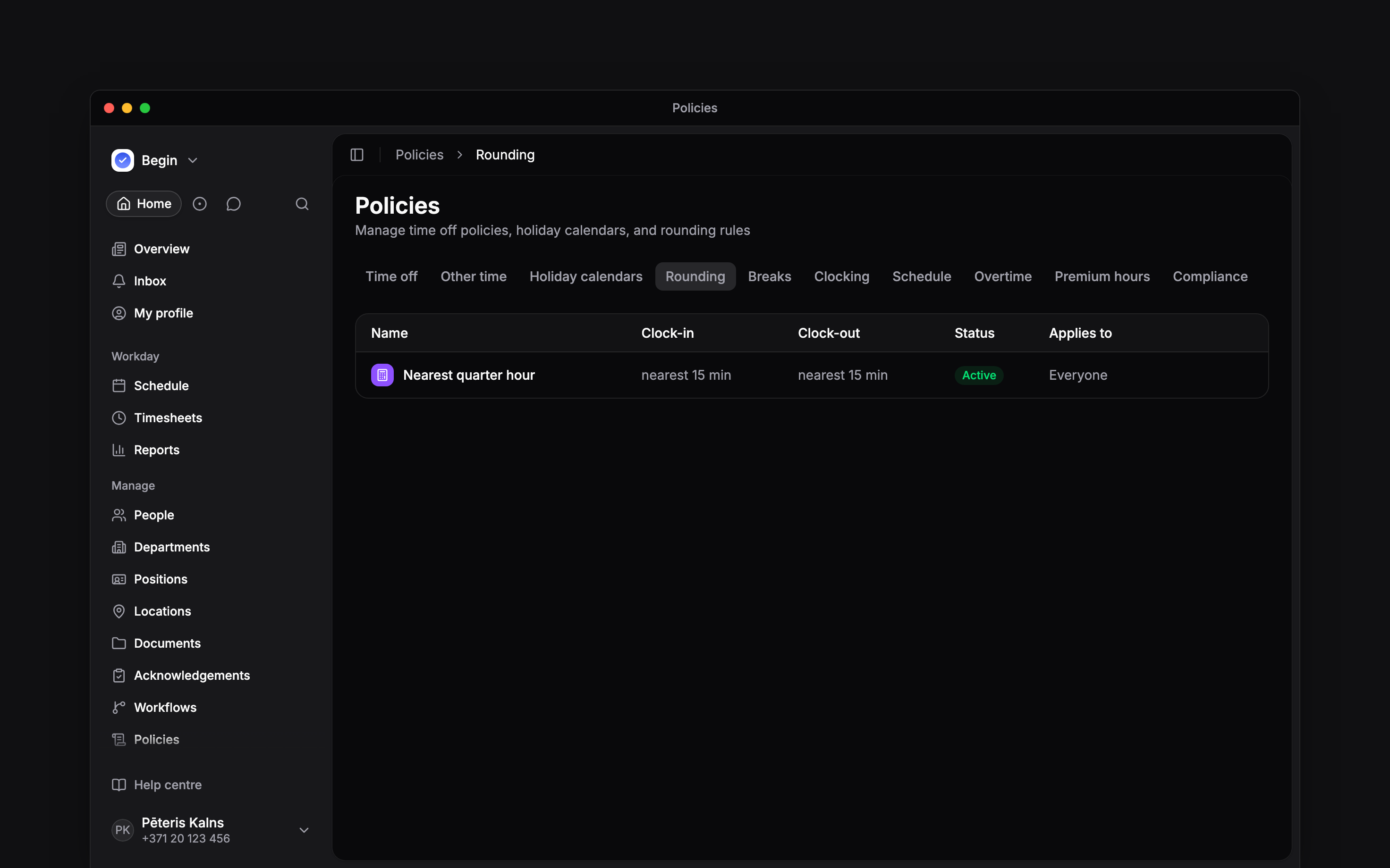 The Rounding policy tab listing clock-in and clock-out rules for three policies