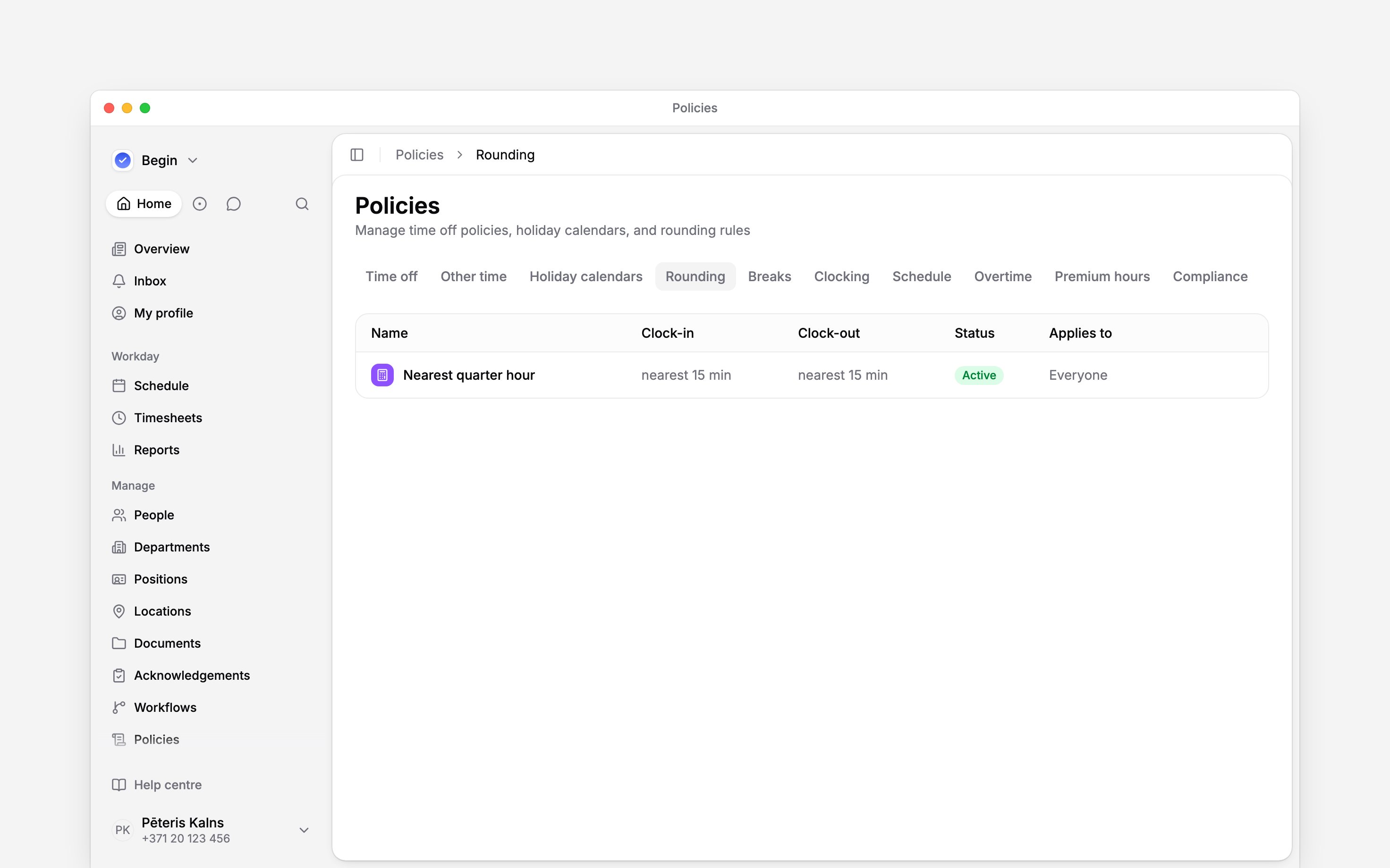 The Rounding policy tab listing clock-in and clock-out rules for three policies