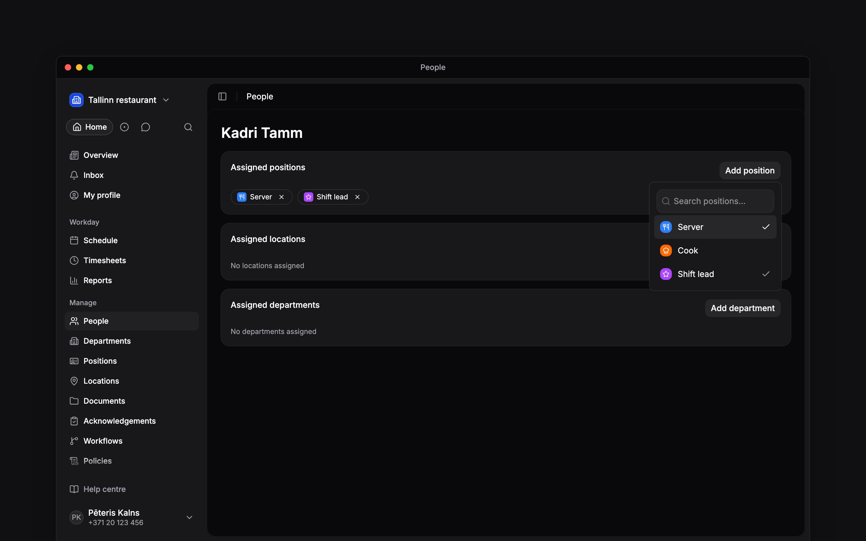 Kadri Tamm’s Assigned positions card with the position picker open and Server and Shift lead selected