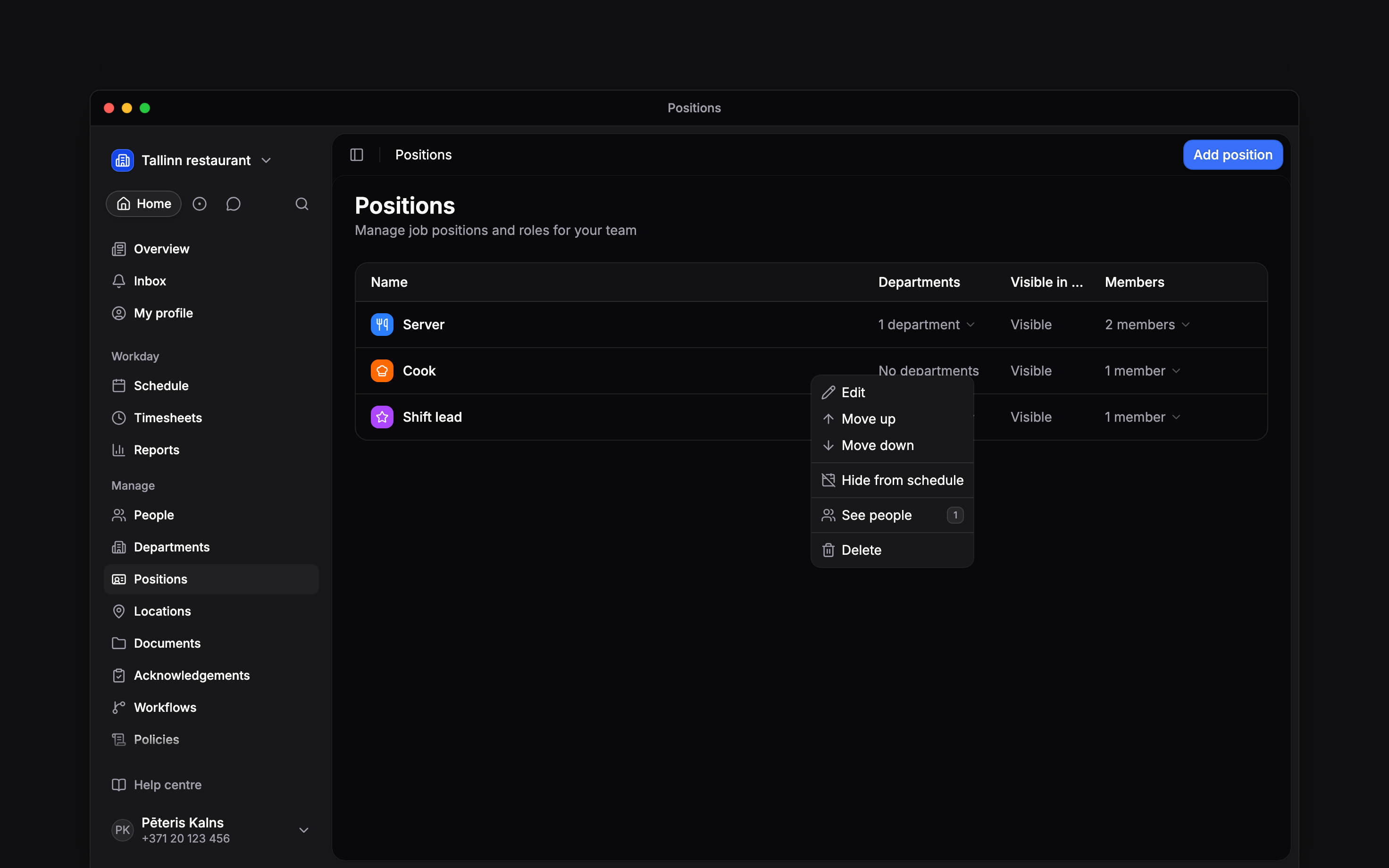 The Positions list with a position’s action menu open, including Edit, Move up, Move down and See people