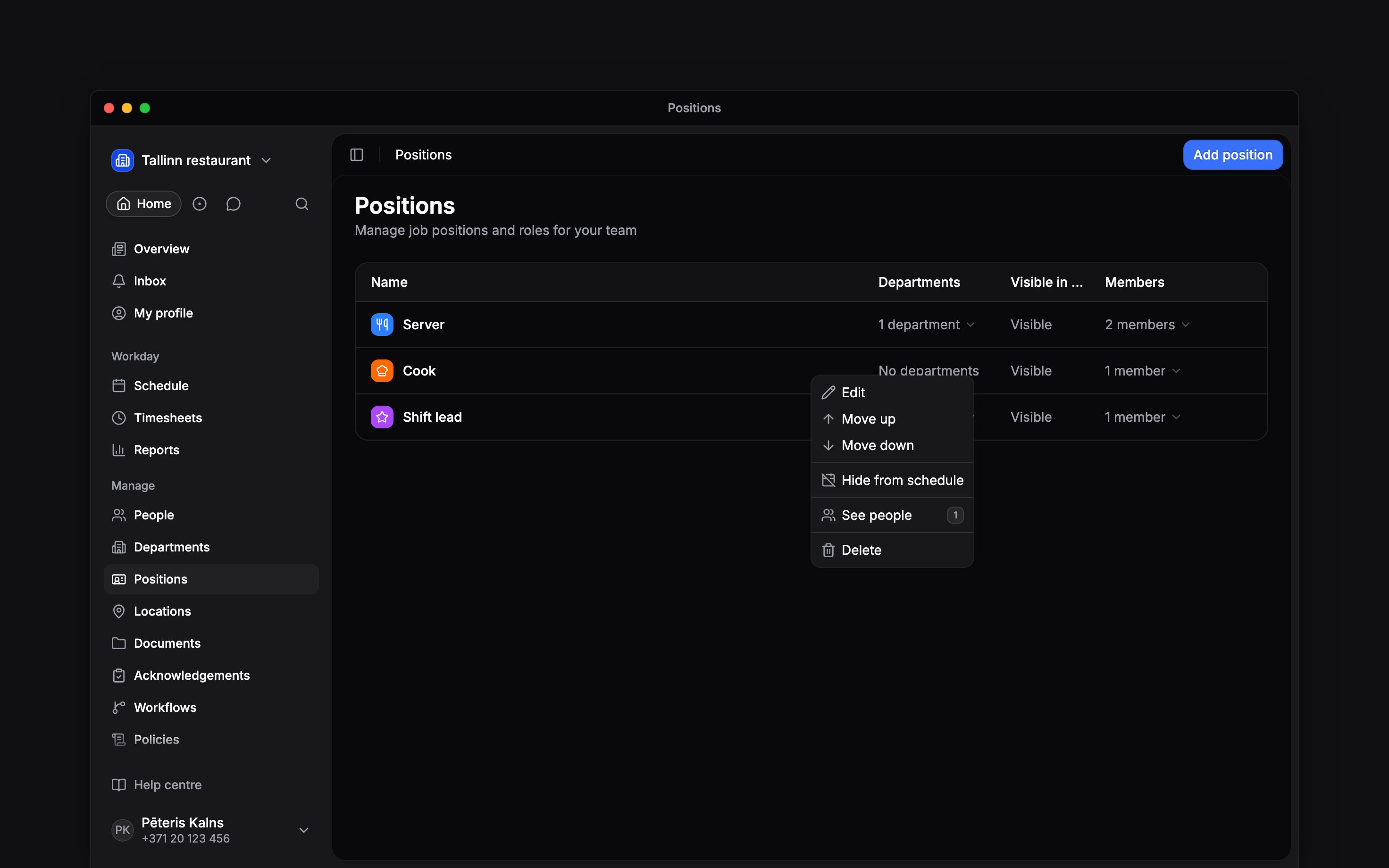 The Positions list with a position’s action menu open, including Edit, Move up, Move down and See people