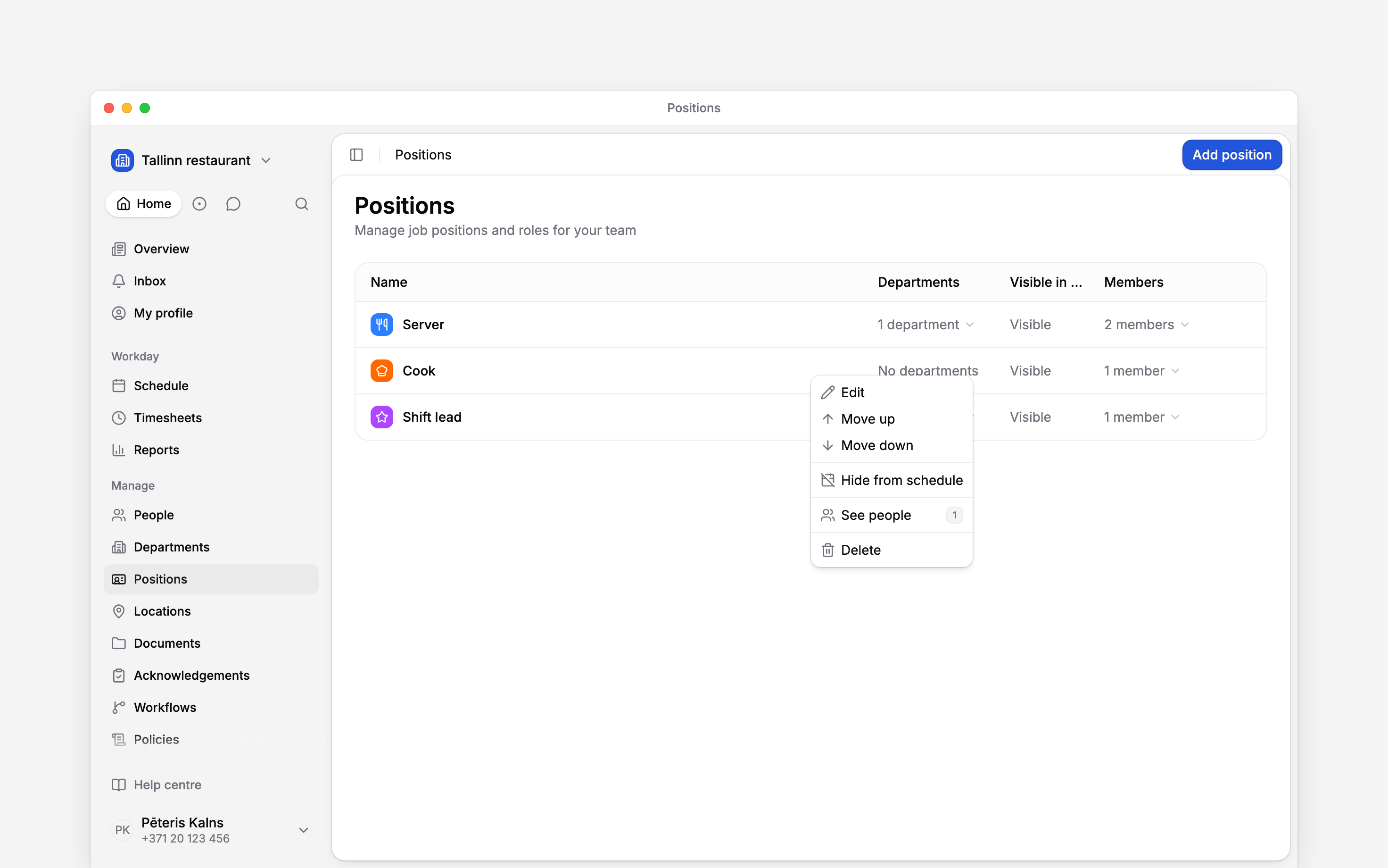 The Positions list with a position’s action menu open, including Edit, Move up, Move down and See people
