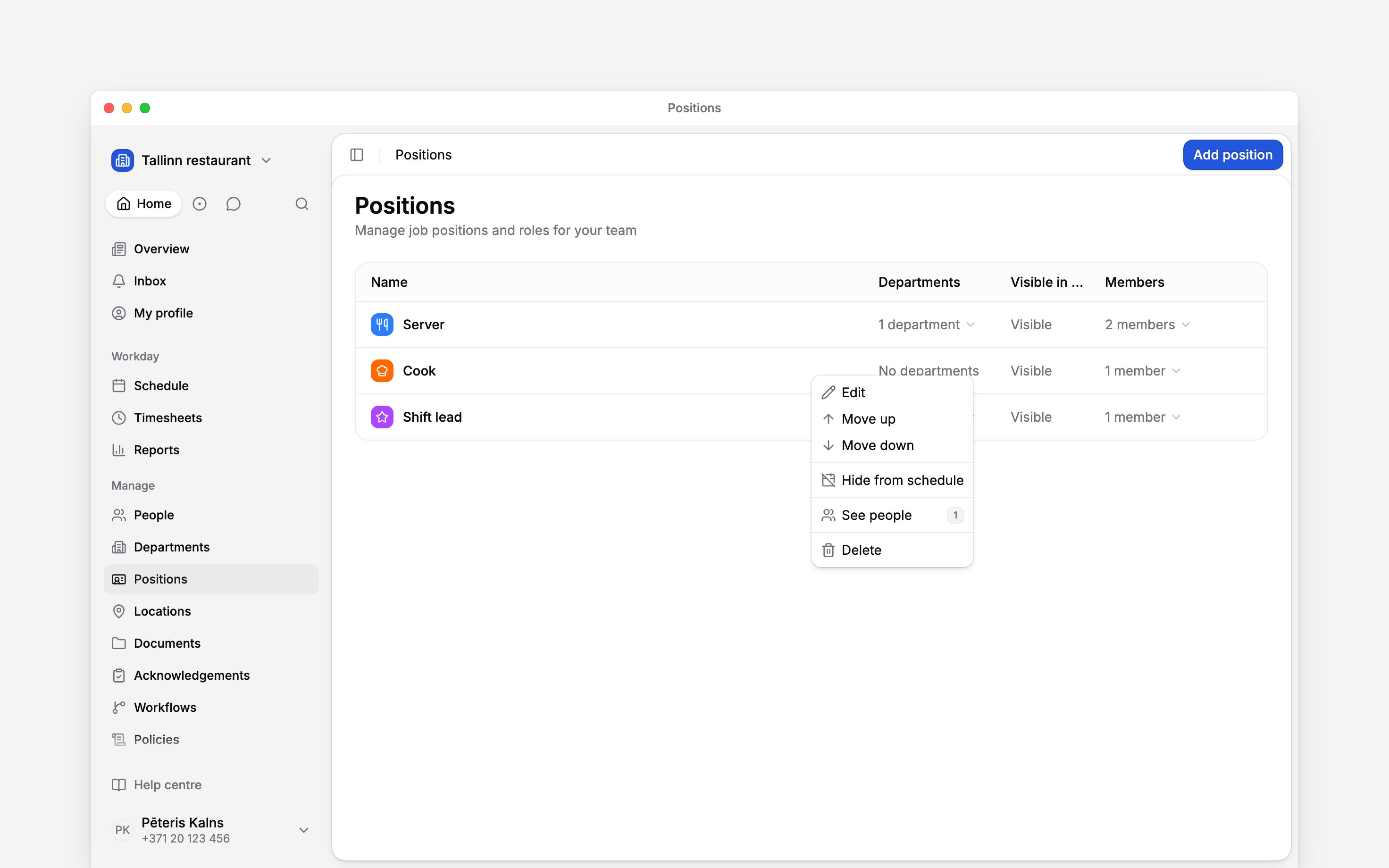 The Positions list with a position’s action menu open, including Edit, Move up, Move down and See people