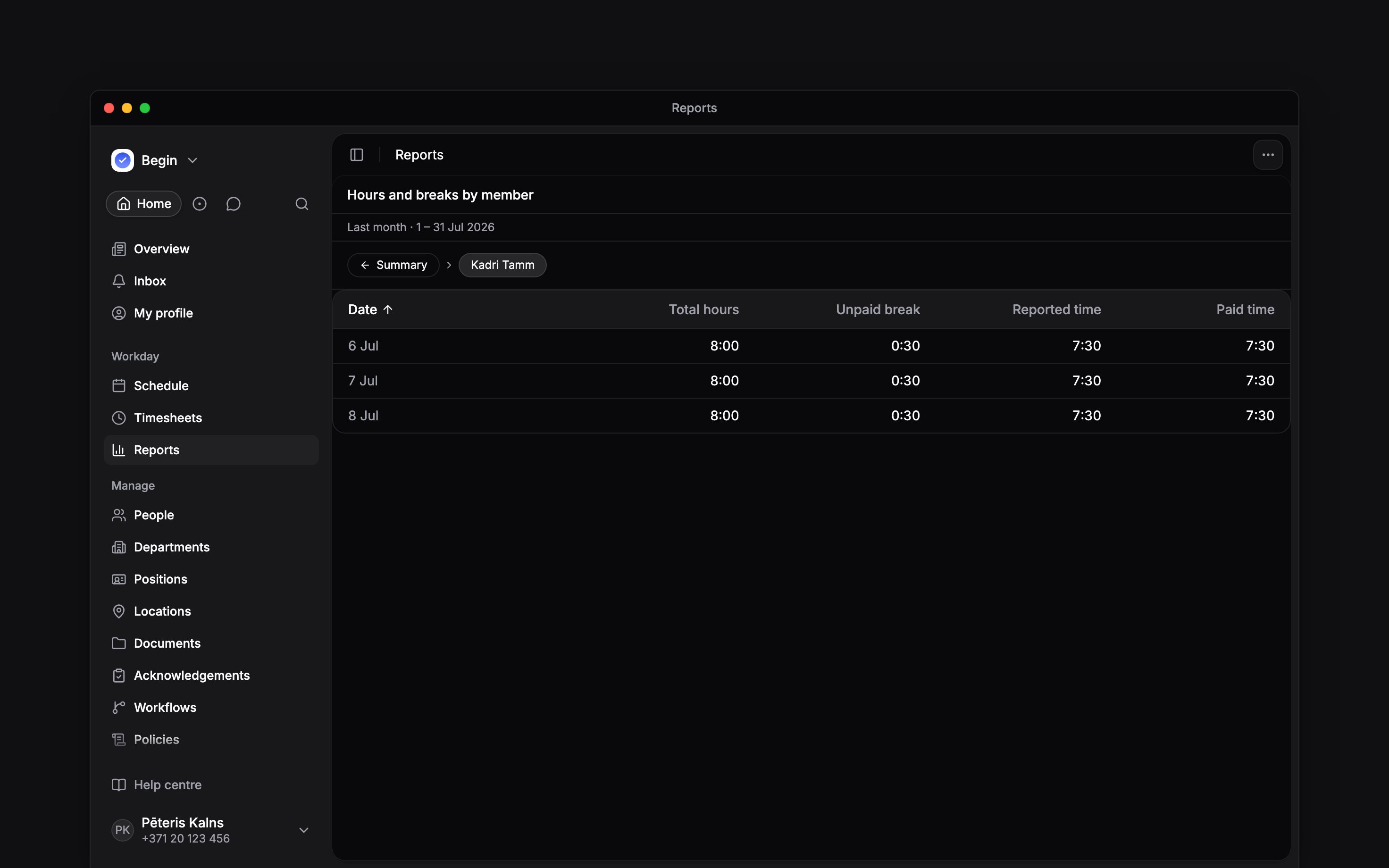 A person’s daily rows with paid hours in a report