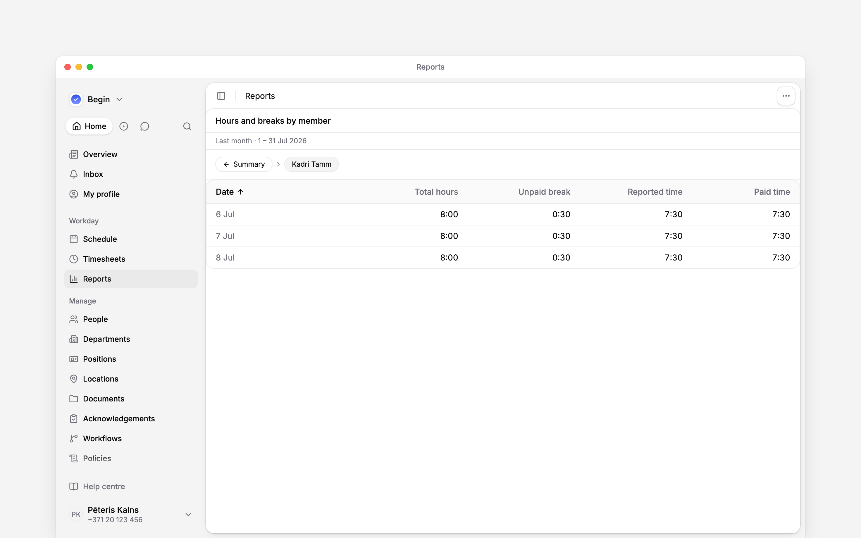 A person’s daily rows with paid hours in a report