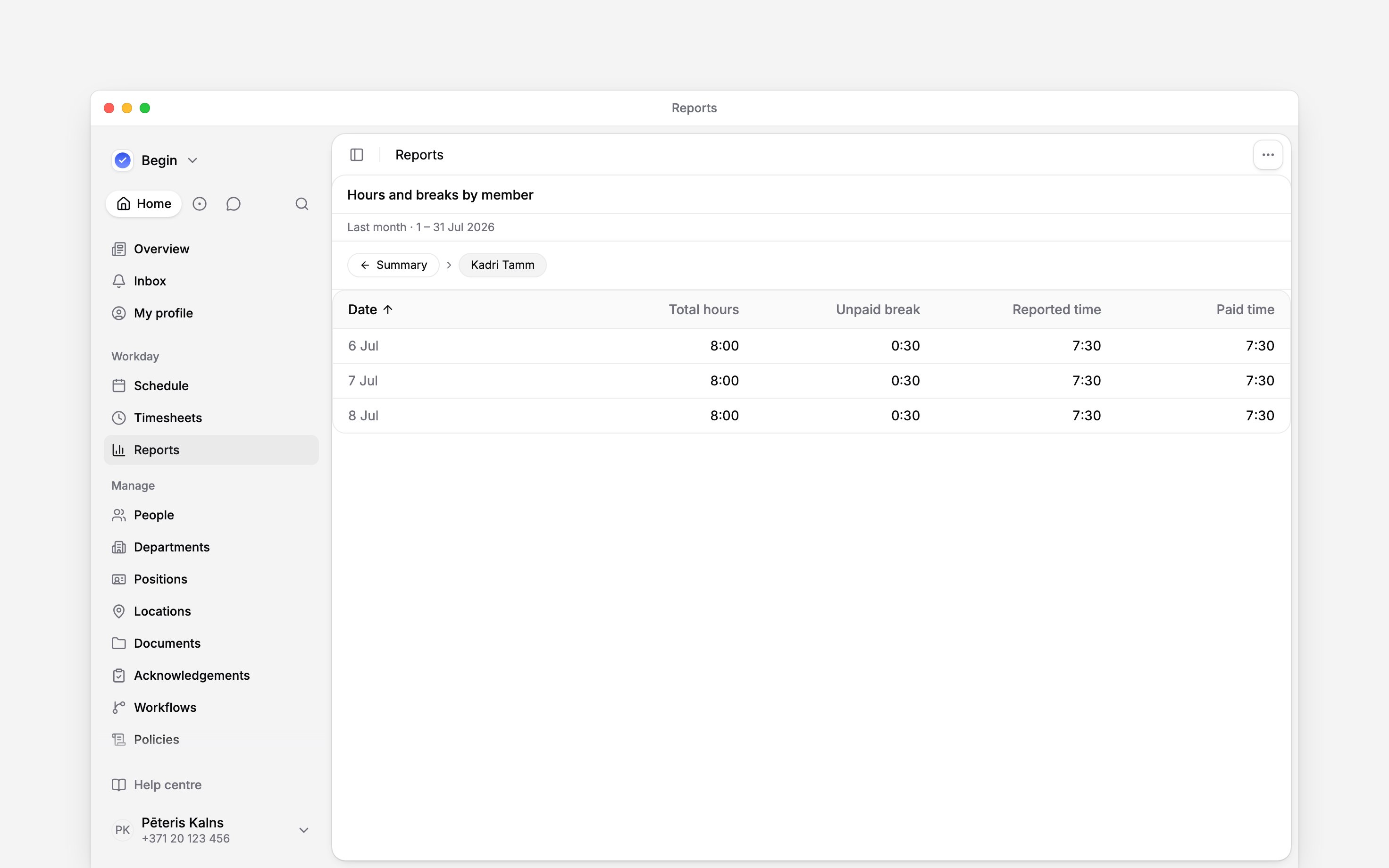 A person’s daily rows with paid hours in a report