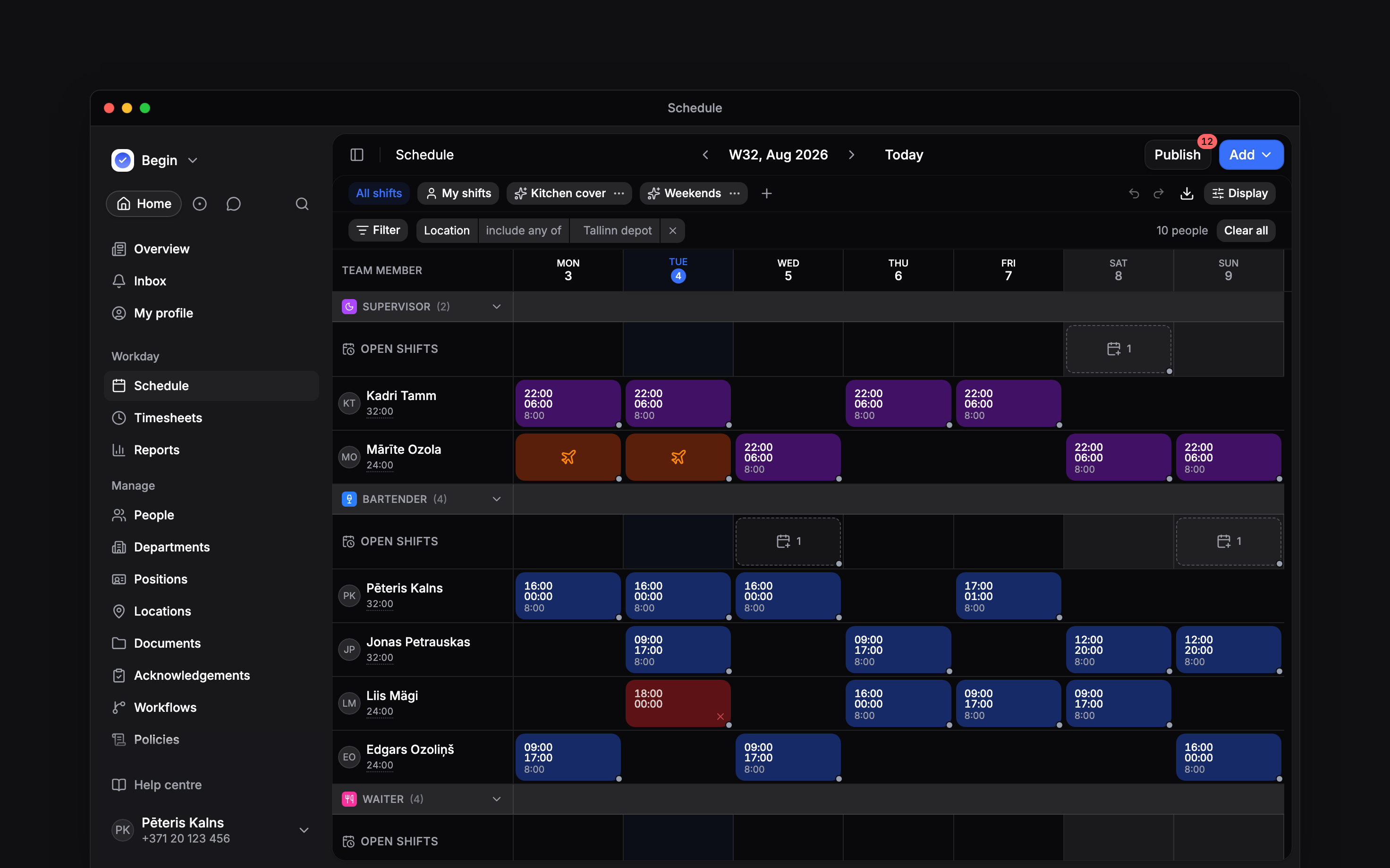 A week of the schedule grouped by position, each band carrying its own Open shifts row: the Supervisor row holds one dashed unassigned card on the Saturday and the Bartender row holds two, on the Wednesday and the Sunday, above the people who already have shifts