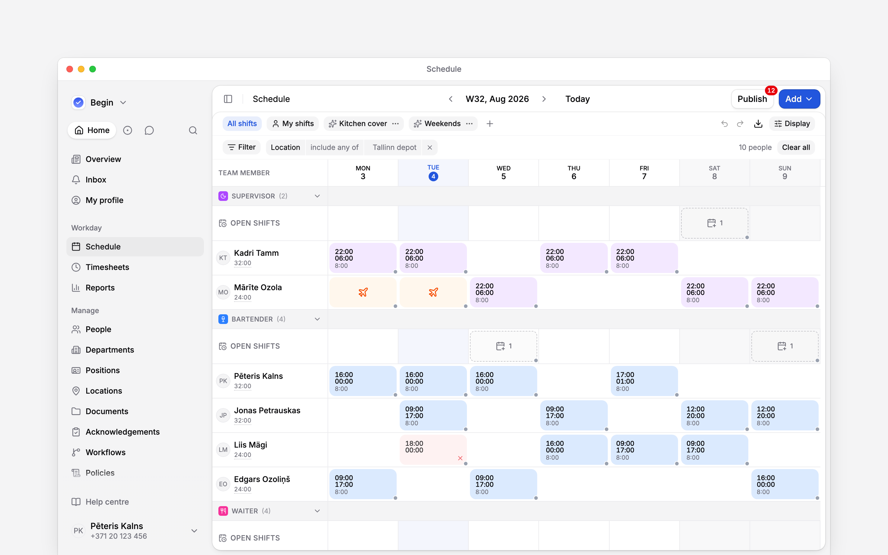 A week of the schedule grouped by position, each band carrying its own Open shifts row: the Supervisor row holds one dashed unassigned card on the Saturday and the Bartender row holds two, on the Wednesday and the Sunday, above the people who already have shifts