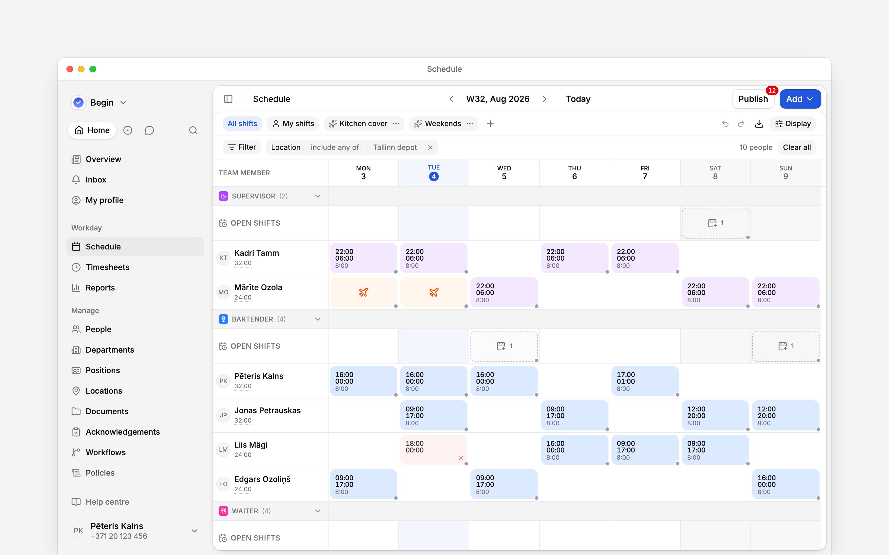 A week of the schedule grouped by position, each band carrying its own Open shifts row: the Supervisor row holds one dashed unassigned card on the Saturday and the Bartender row holds two, on the Wednesday and the Sunday, above the people who already have shifts