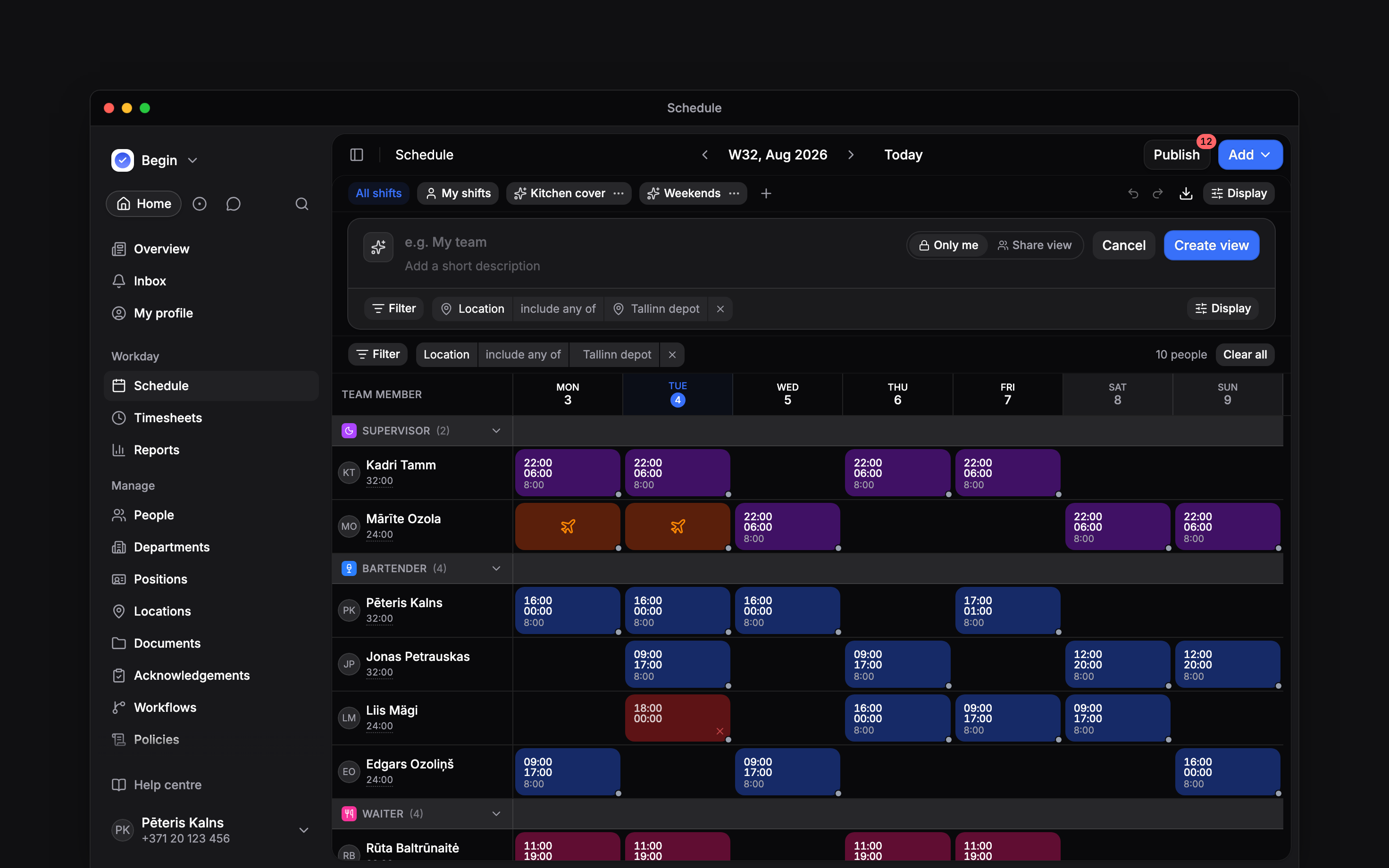 The schedule with the view editor open under the pills: an icon and colour button, an empty name field reading e.g. My team, a short-description line, a choice of Only me or Share view, Cancel and Create view, and under them the location filter the new view has captured from the page