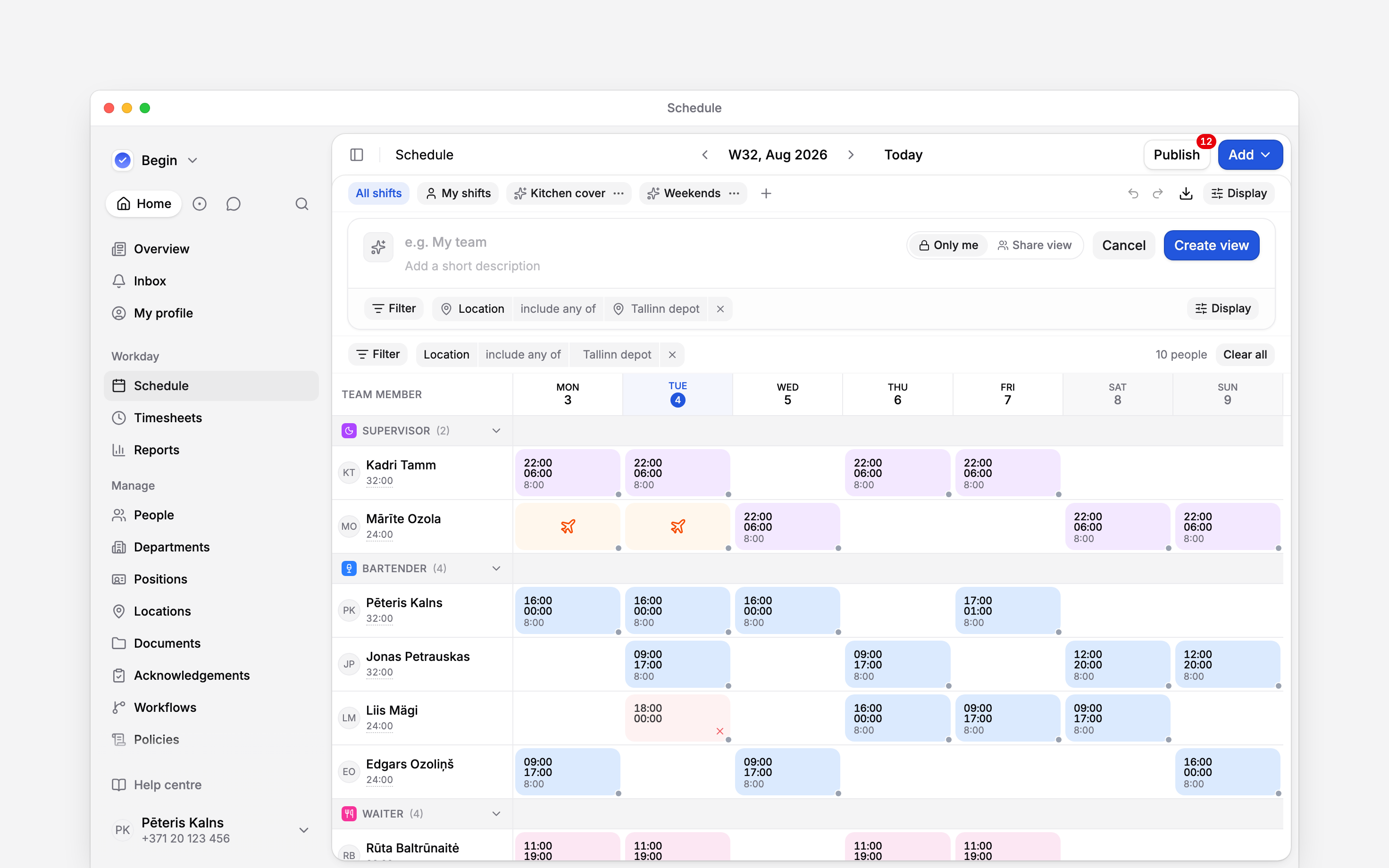 The schedule with the view editor open under the pills: an icon and colour button, an empty name field reading e.g. My team, a short-description line, a choice of Only me or Share view, Cancel and Create view, and under them the location filter the new view has captured from the page