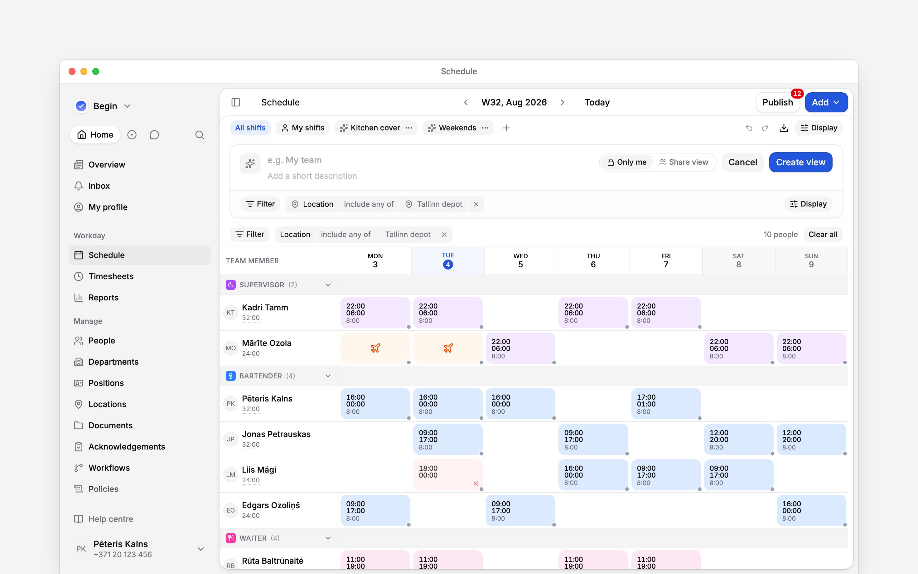 The schedule with the view editor open under the pills: an icon and colour button, an empty name field reading e.g. My team, a short-description line, a choice of Only me or Share view, Cancel and Create view, and under them the location filter the new view has captured from the page