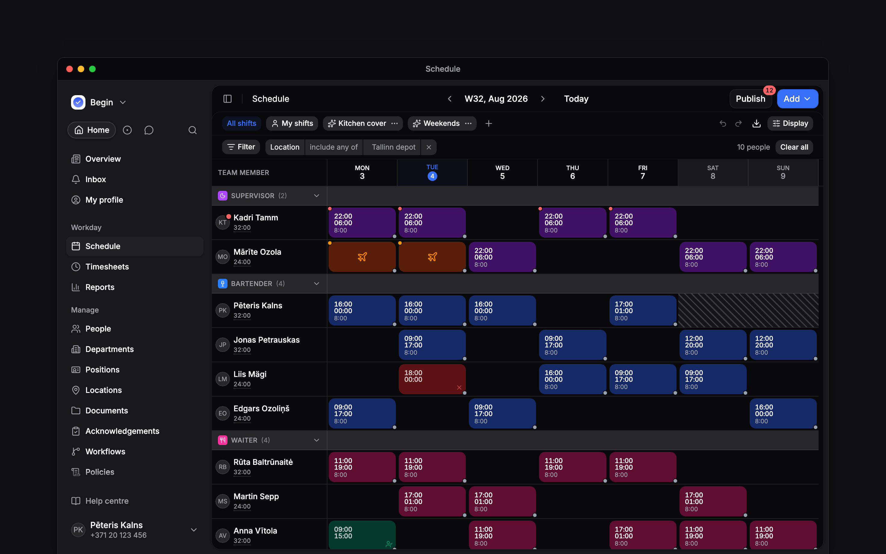 A week of the schedule carrying three marks: red dots on the four night shifts of one supervisor and on her avatar, amber dots on the two time-off blocks in the row below, and diagonal hatching across the Saturday and Sunday of a bartender no contract covers