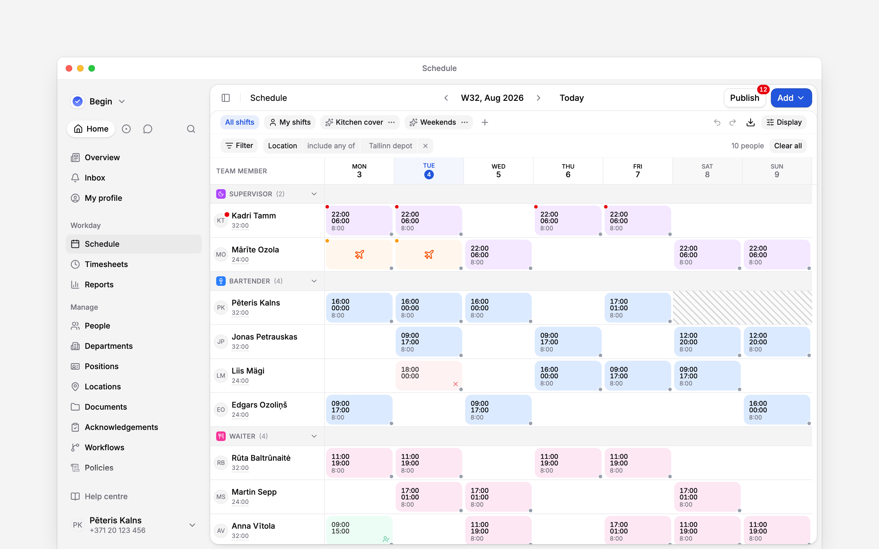 A week of the schedule carrying three marks: red dots on the four night shifts of one supervisor and on her avatar, amber dots on the two time-off blocks in the row below, and diagonal hatching across the Saturday and Sunday of a bartender no contract covers