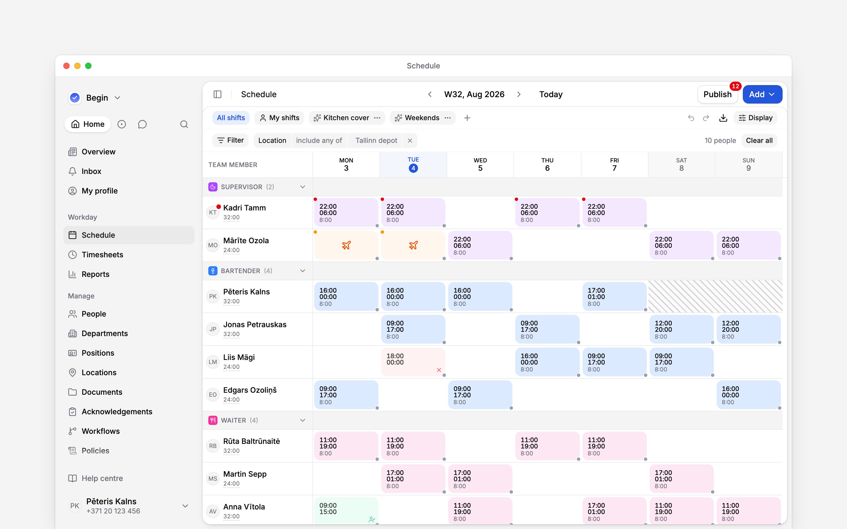 A week of the schedule carrying three marks: red dots on the four night shifts of one supervisor and on her avatar, amber dots on the two time-off blocks in the row below, and diagonal hatching across the Saturday and Sunday of a bartender no contract covers