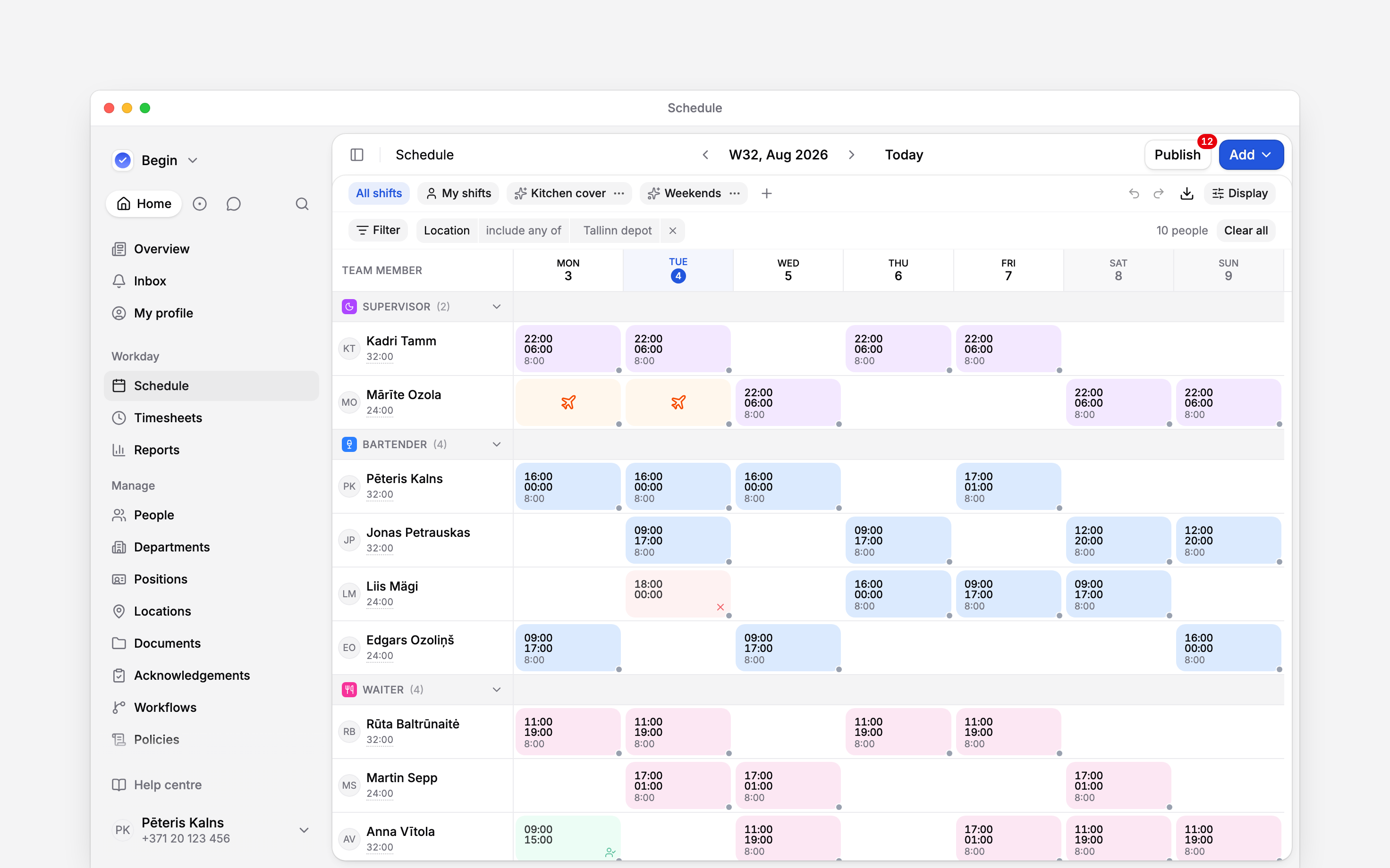 A whole week of the schedule grouped by position: the period and Publish along the top, the saved-view pills and an applied location filter below them, then a band per job whose rows carry coloured shifts alongside orange time off, a green availability window and a red unavailable evening