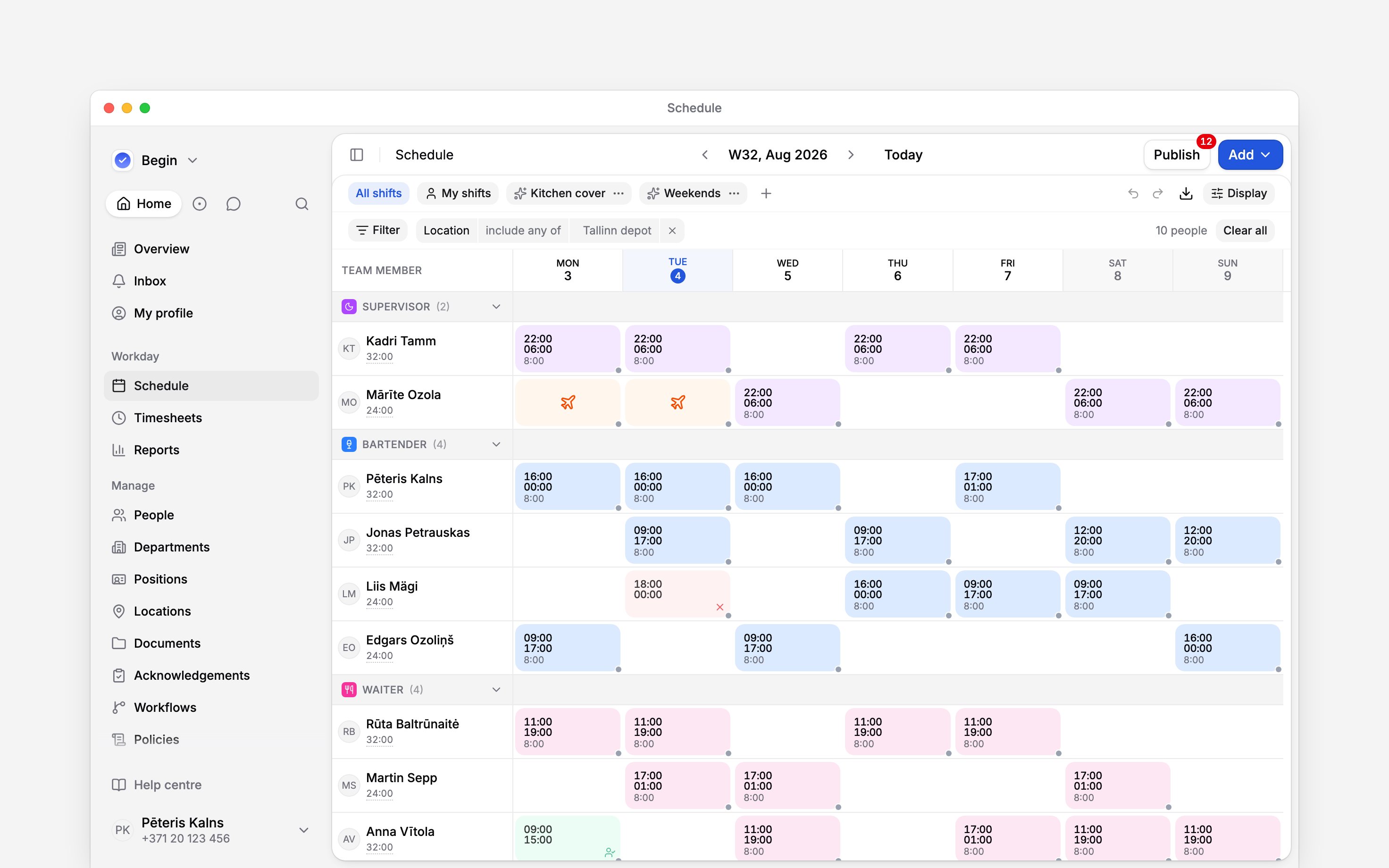 A whole week of the schedule grouped by position: the period and Publish along the top, the saved-view pills and an applied location filter below them, then a band per job whose rows carry coloured shifts alongside orange time off, a green availability window and a red unavailable evening