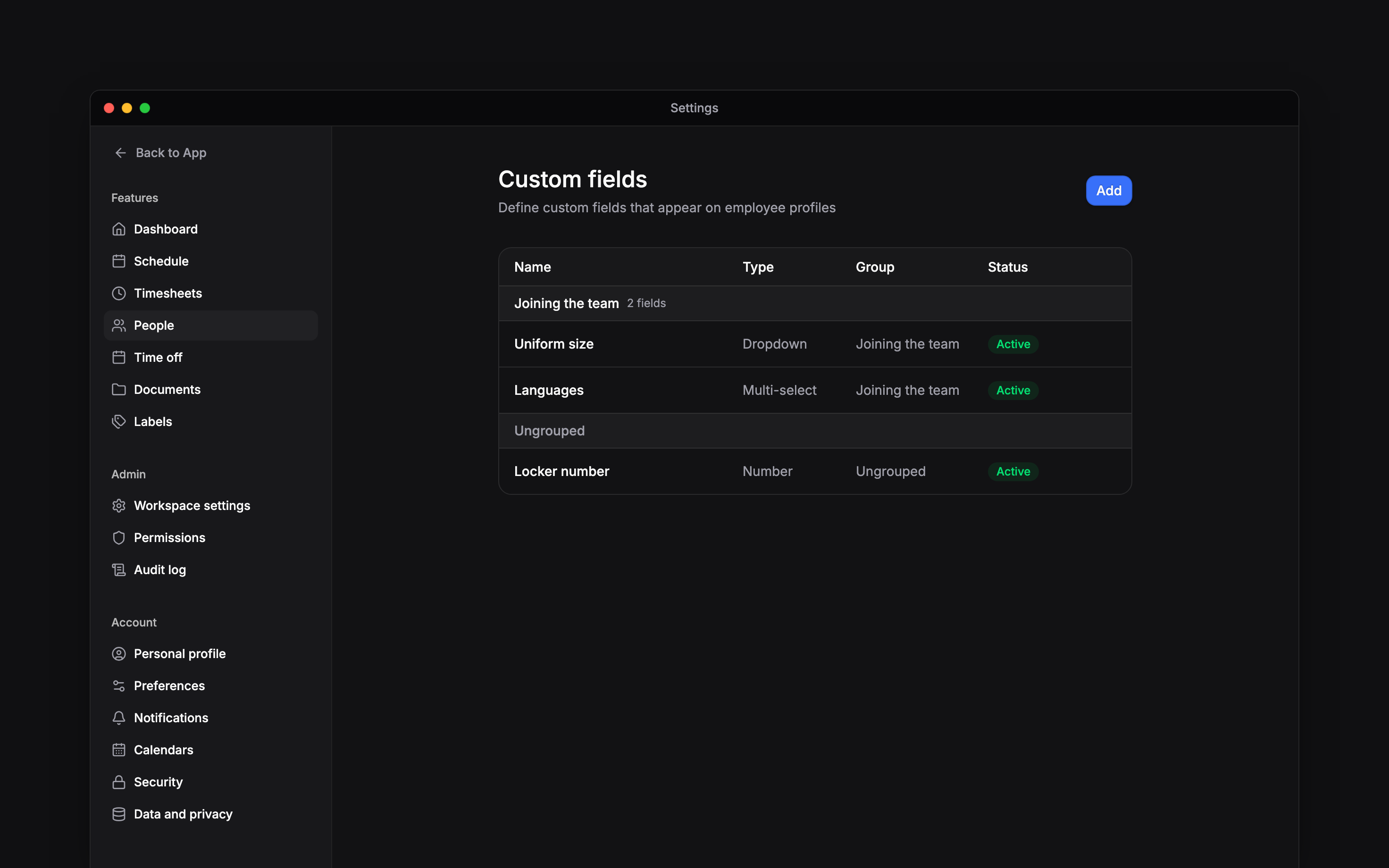 The Custom fields list showing Uniform size and Languages in Joining the team, plus an ungrouped Locker number