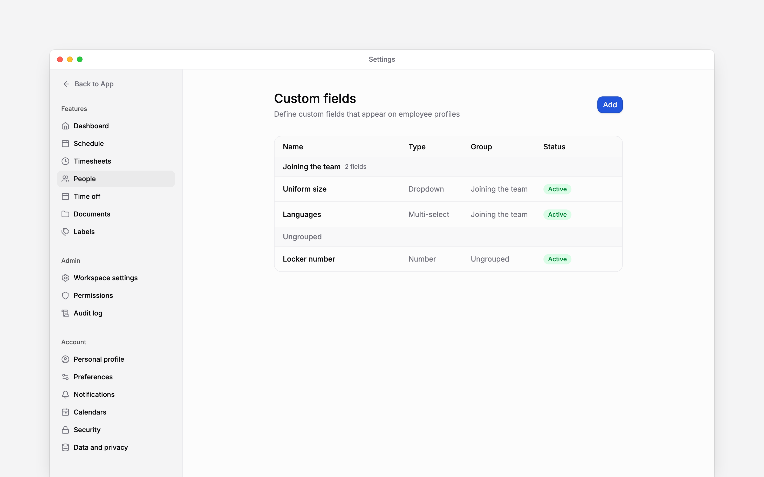 The Custom fields list showing Uniform size and Languages in Joining the team, plus an ungrouped Locker number
