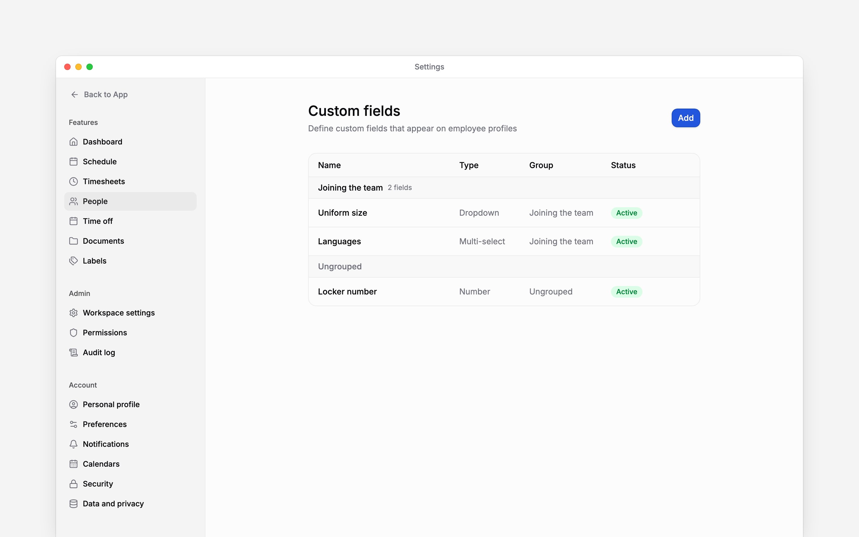 The Custom fields list showing Uniform size and Languages in Joining the team, plus an ungrouped Locker number
