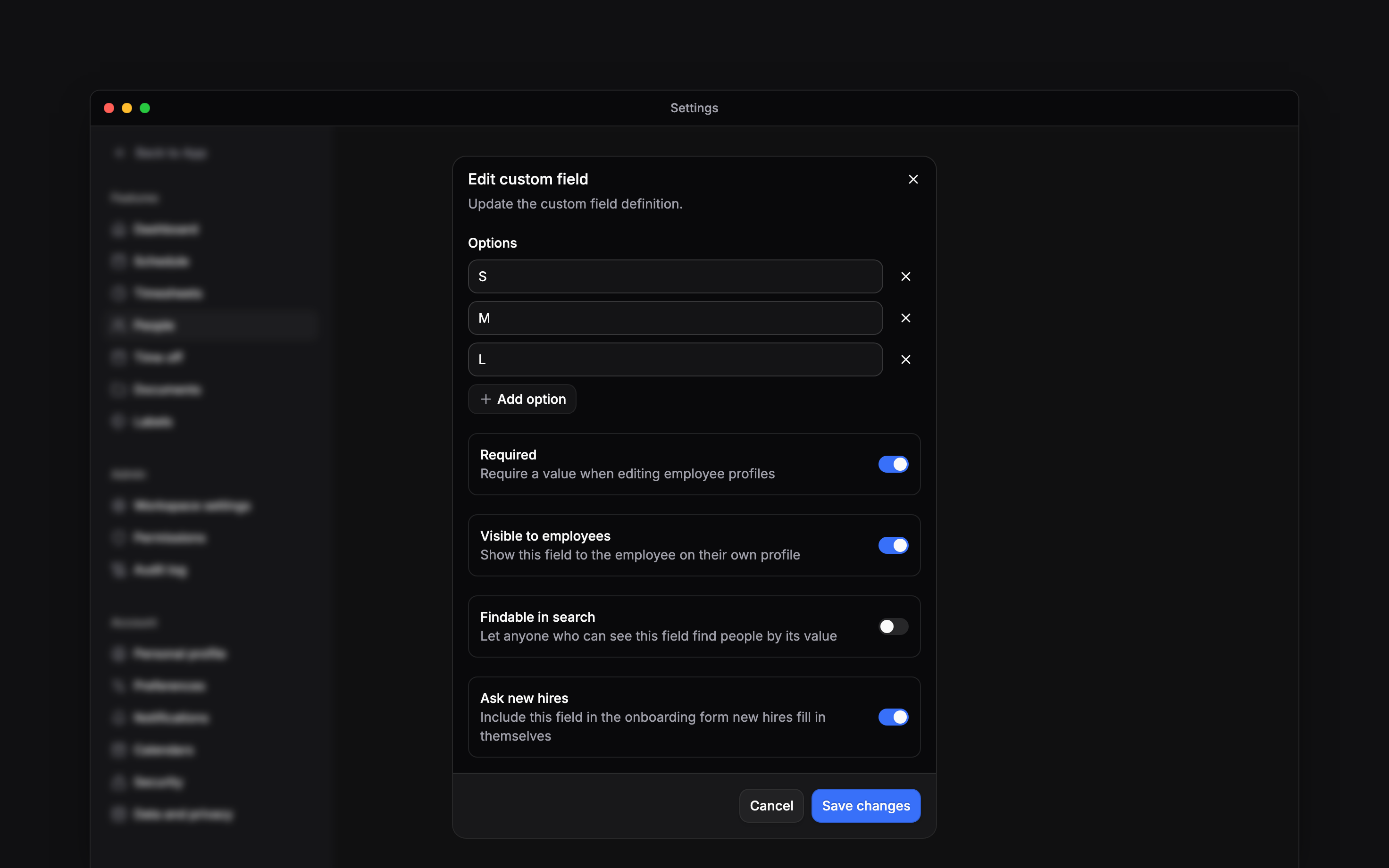 The custom field editor with uniform sizes and Required, Visible to employees and Ask new hires switched on