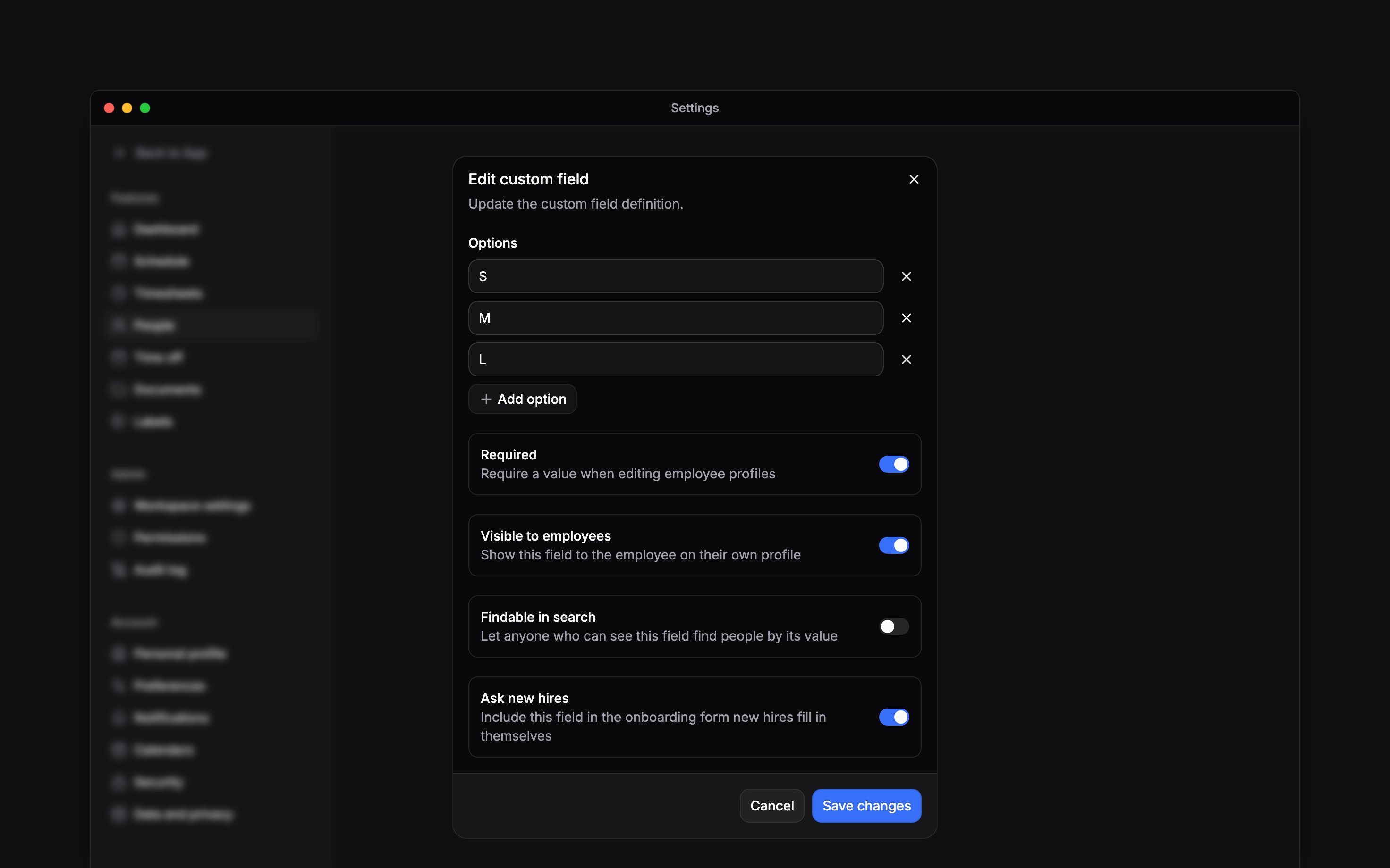 The custom field editor with uniform sizes and Required, Visible to employees and Ask new hires switched on