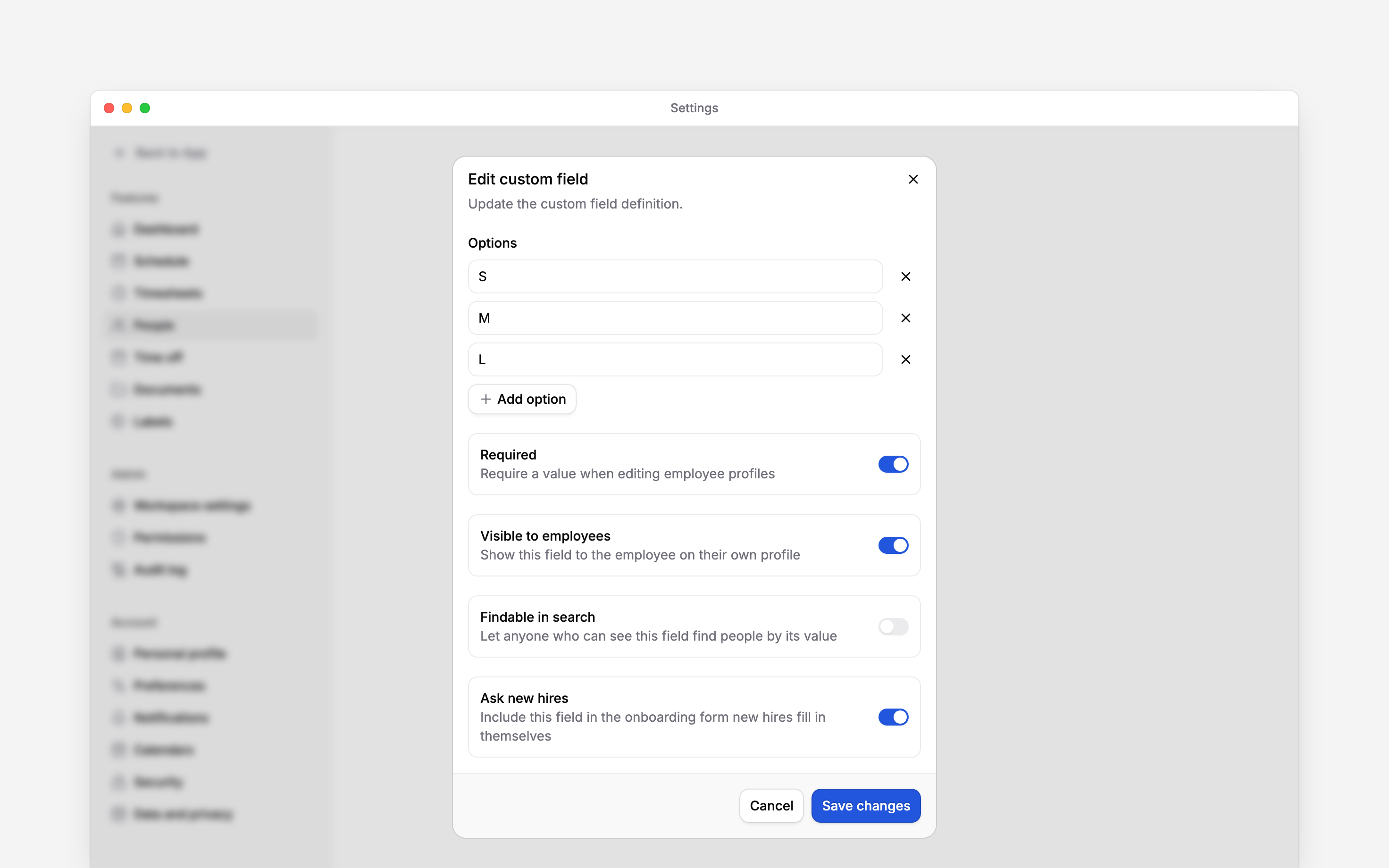 The custom field editor with uniform sizes and Required, Visible to employees and Ask new hires switched on
