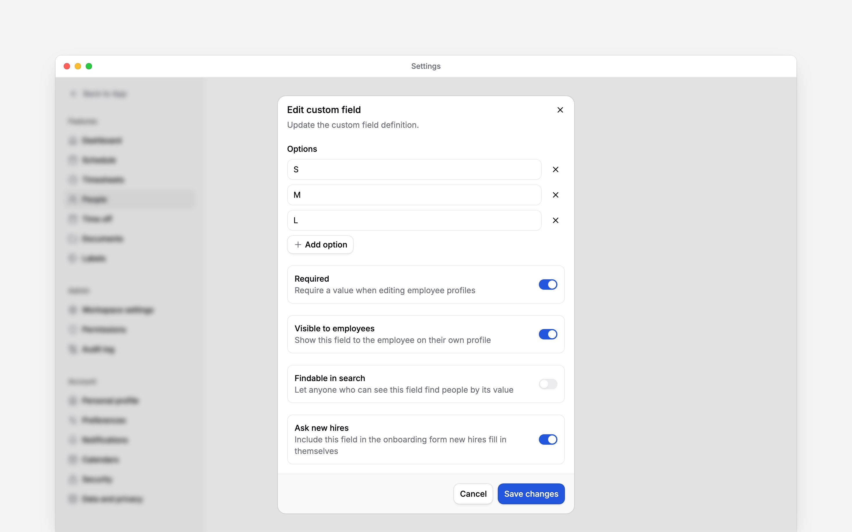 The custom field editor with uniform sizes and Required, Visible to employees and Ask new hires switched on