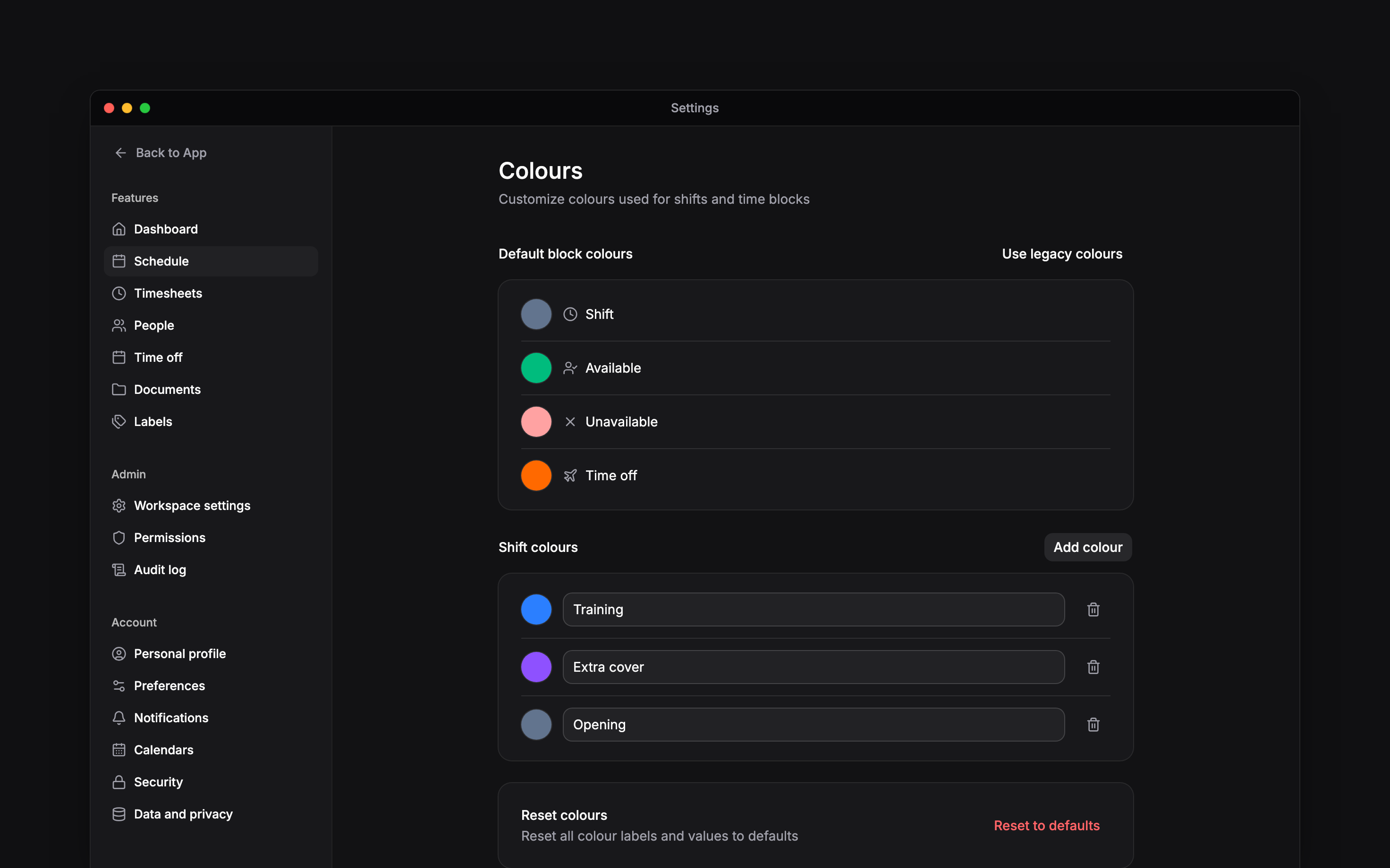 Default block colours above named Training, Extra cover and Opening colours