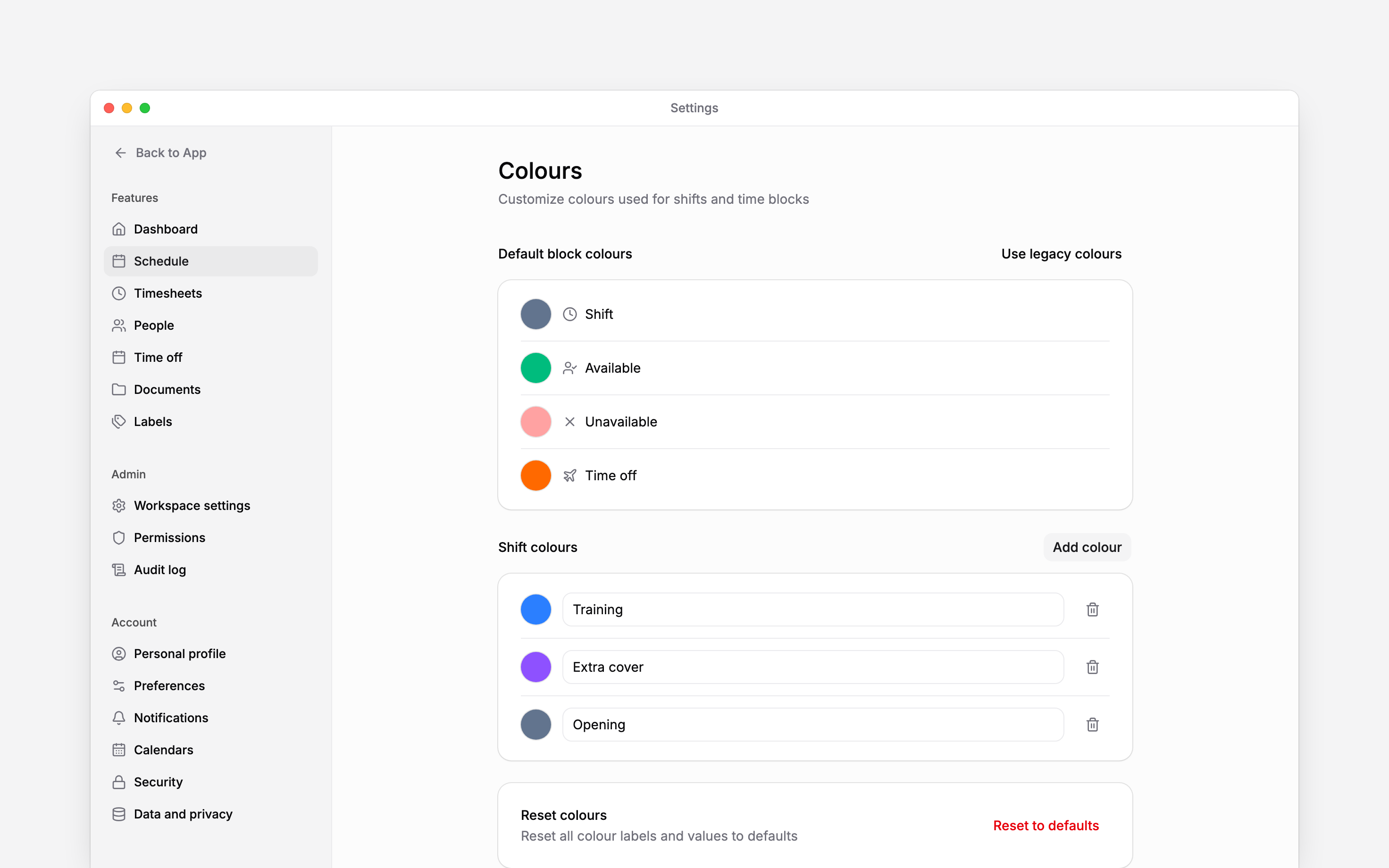 Default block colours above named Training, Extra cover and Opening colours