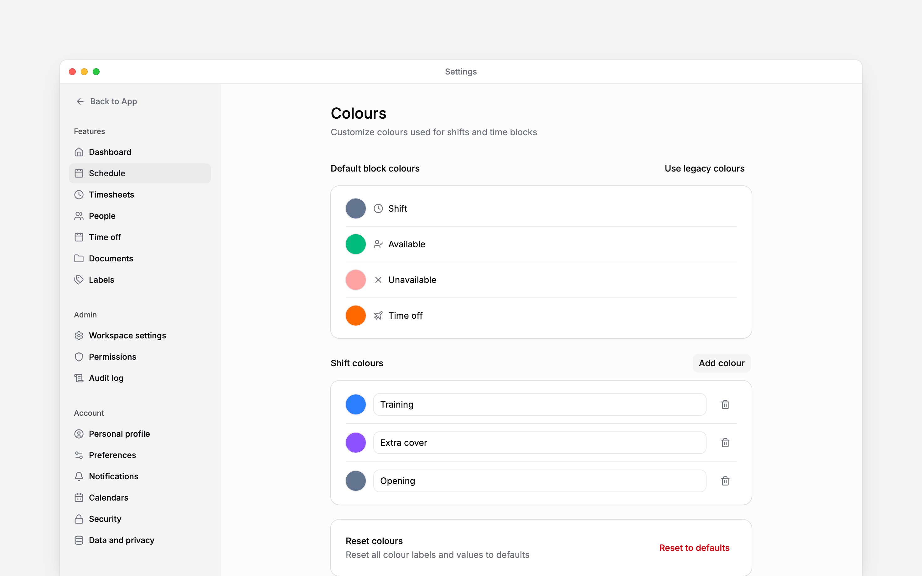 Default block colours above named Training, Extra cover and Opening colours