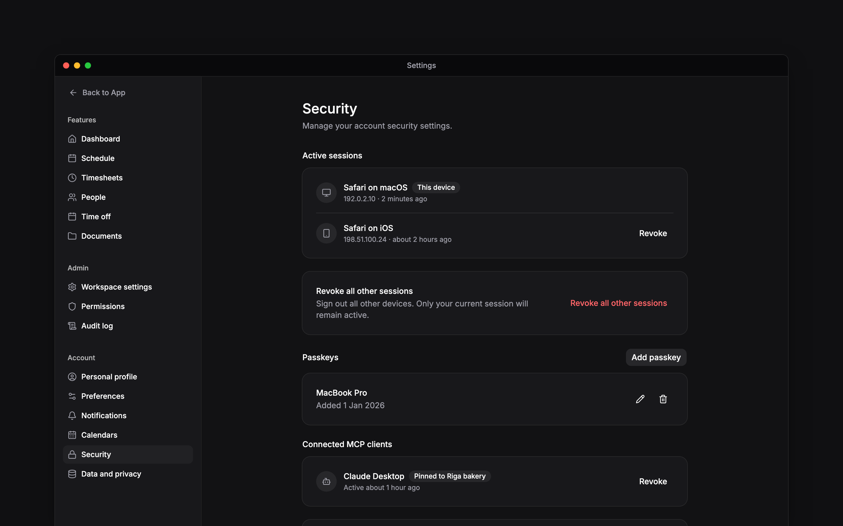 Security settings showing active sessions and the current device
