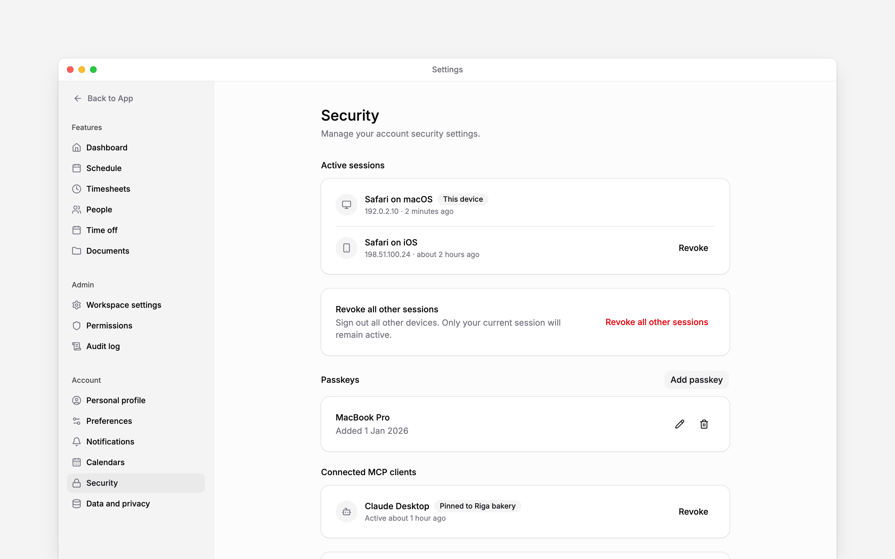 Security settings showing active sessions and the current device