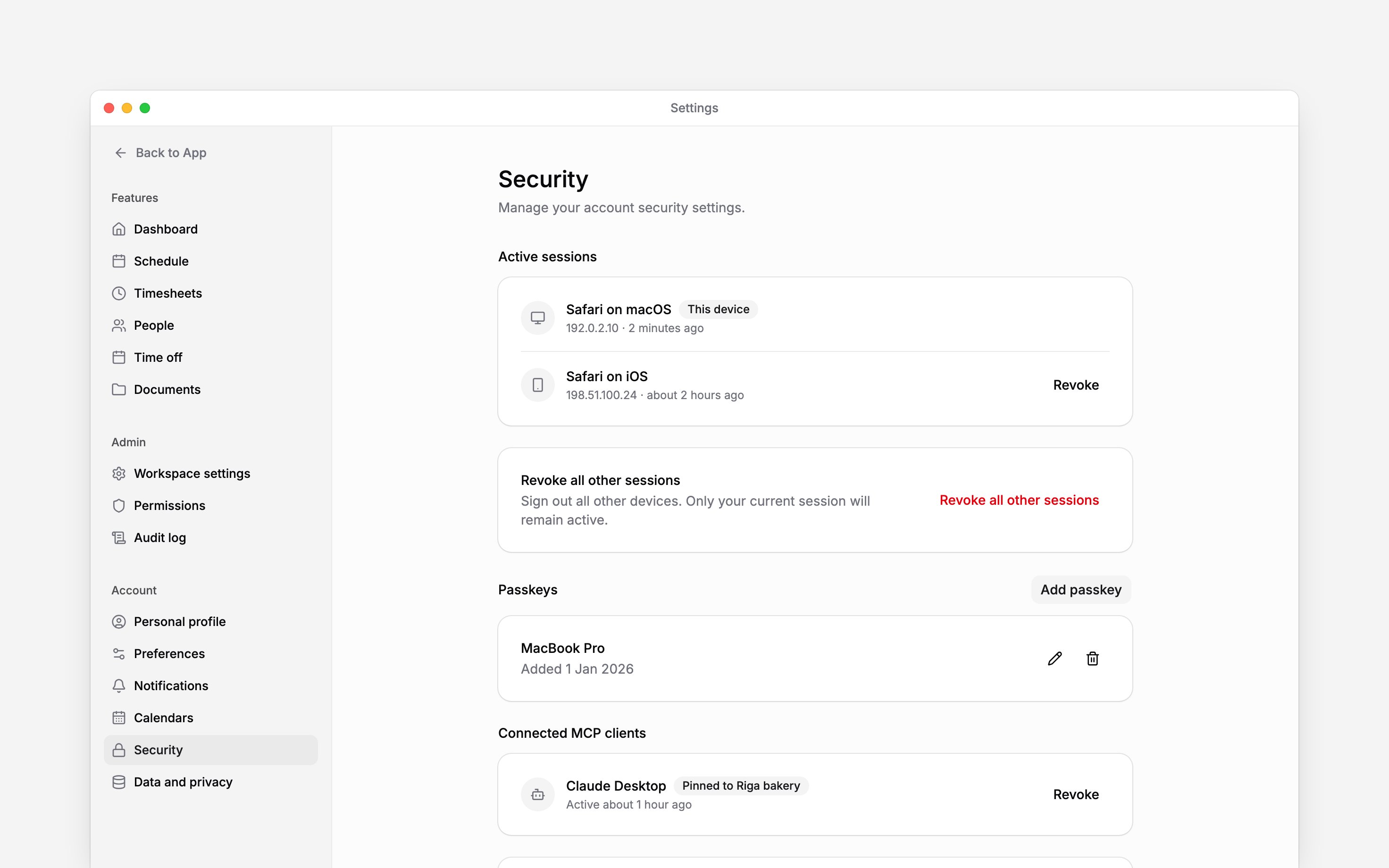 Security settings showing active sessions and the current device