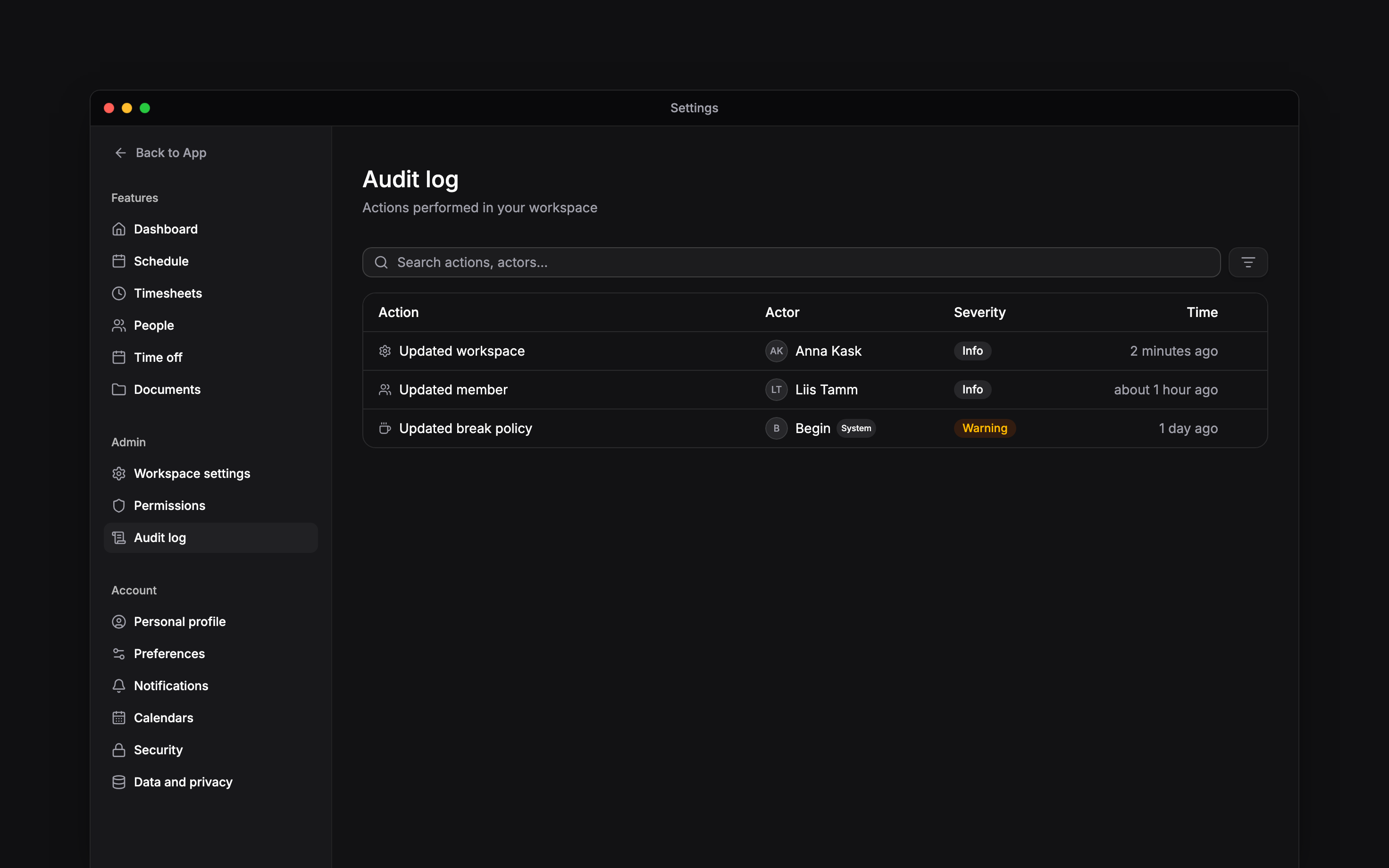 The real Audit log with search, filters, and recent workspace events