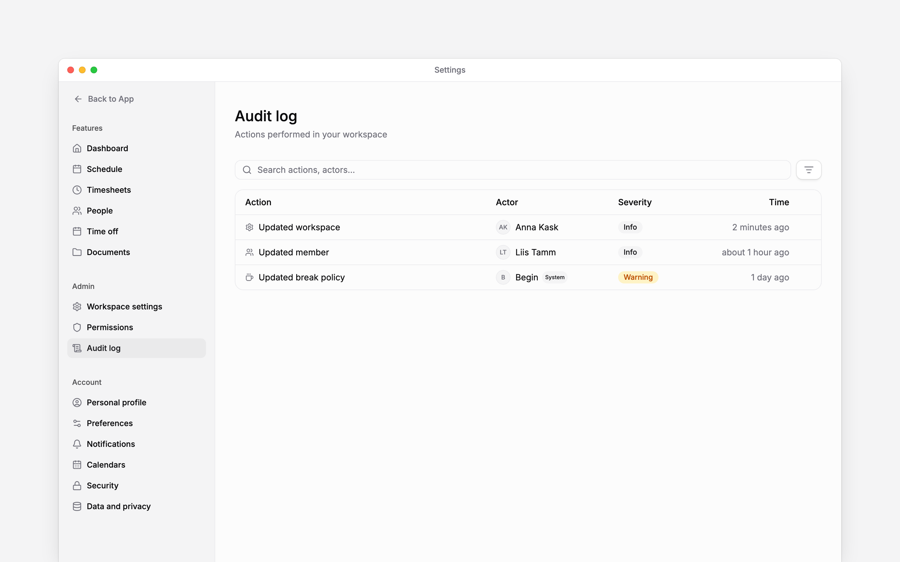 The real Audit log with search, filters, and recent workspace events