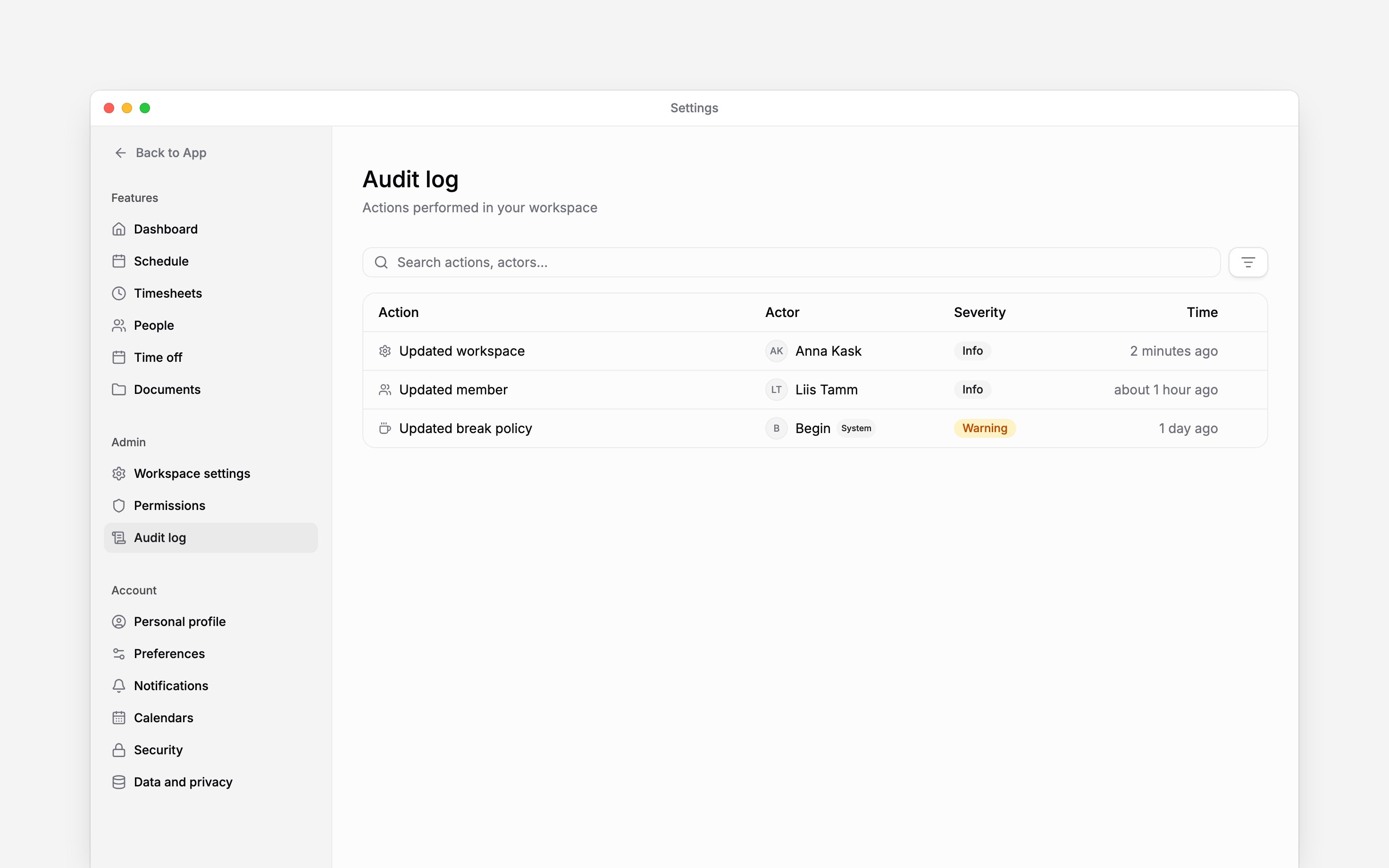 The real Audit log with search, filters, and recent workspace events