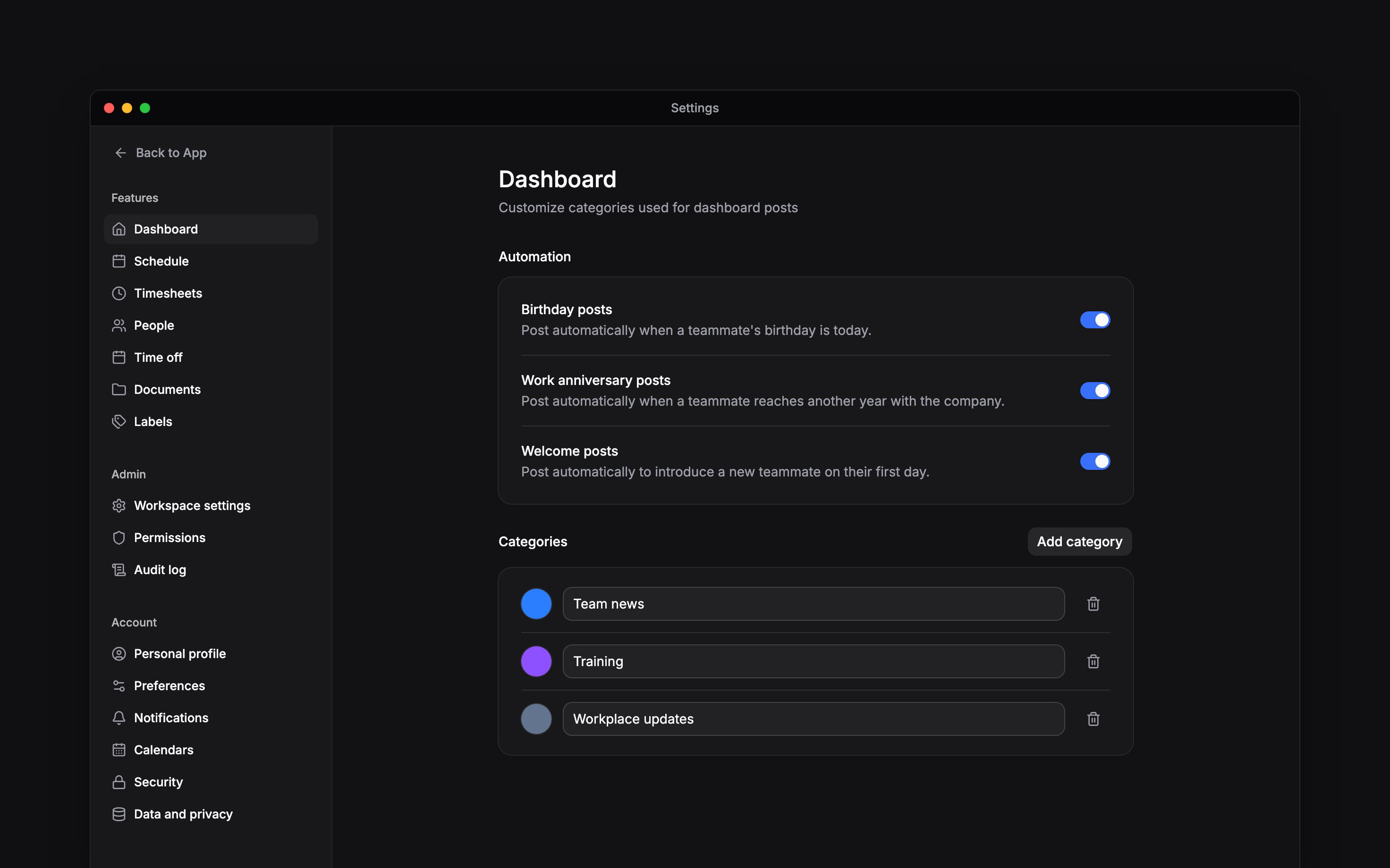 Dashboard settings with three automation switches and named post categories