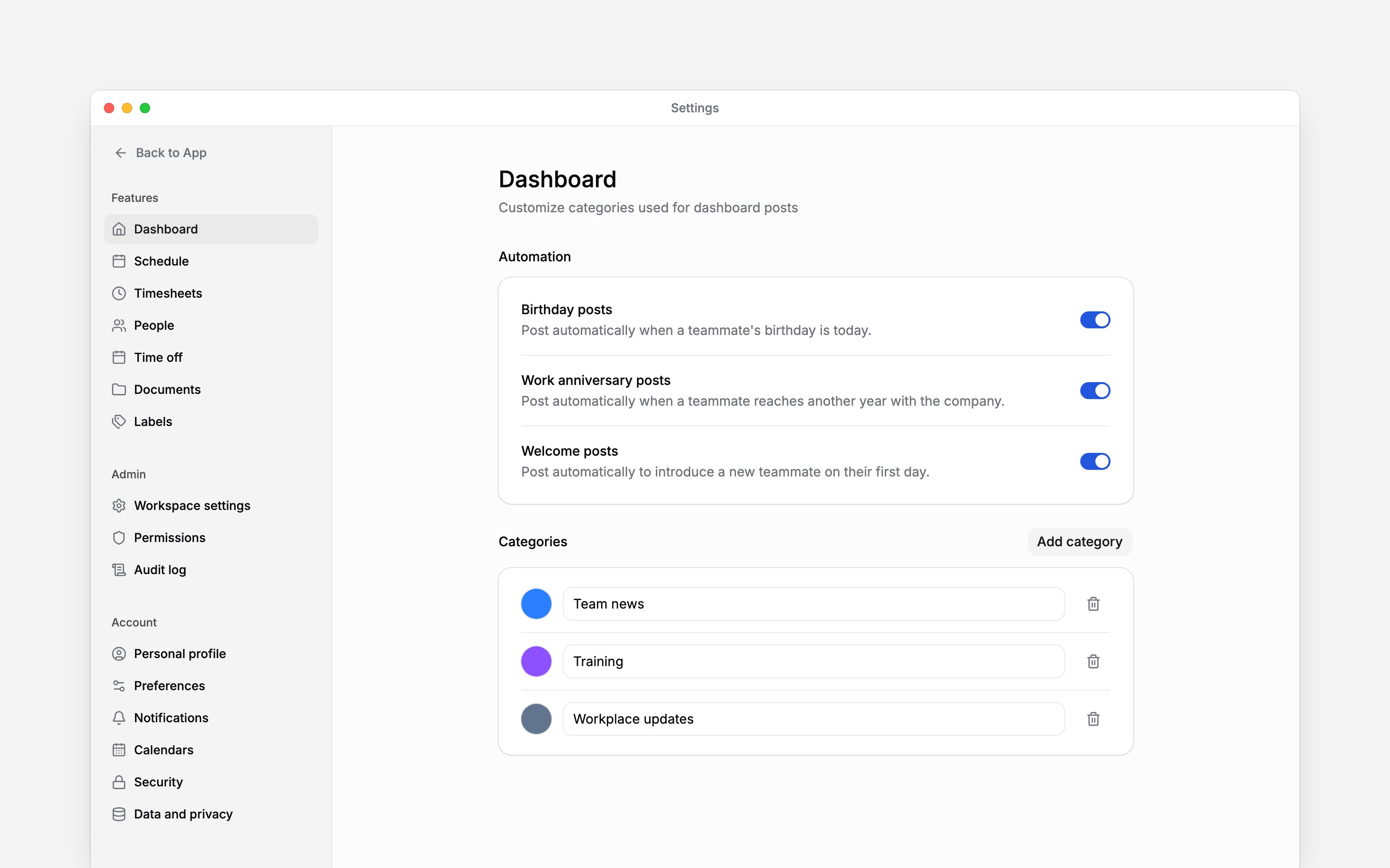 Dashboard settings with three automation switches and named post categories