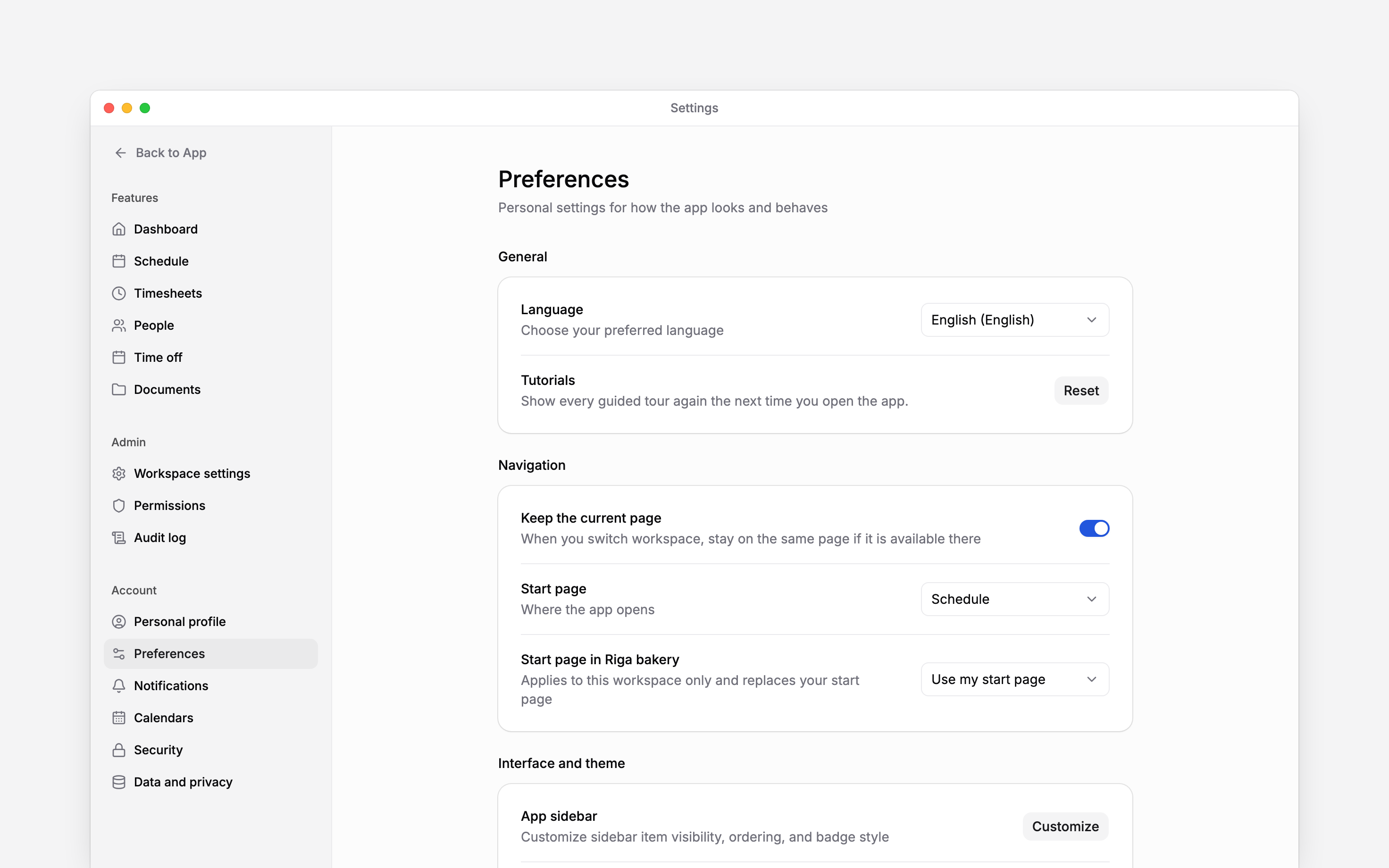 Preferences settings with language, tutorial and start-page controls