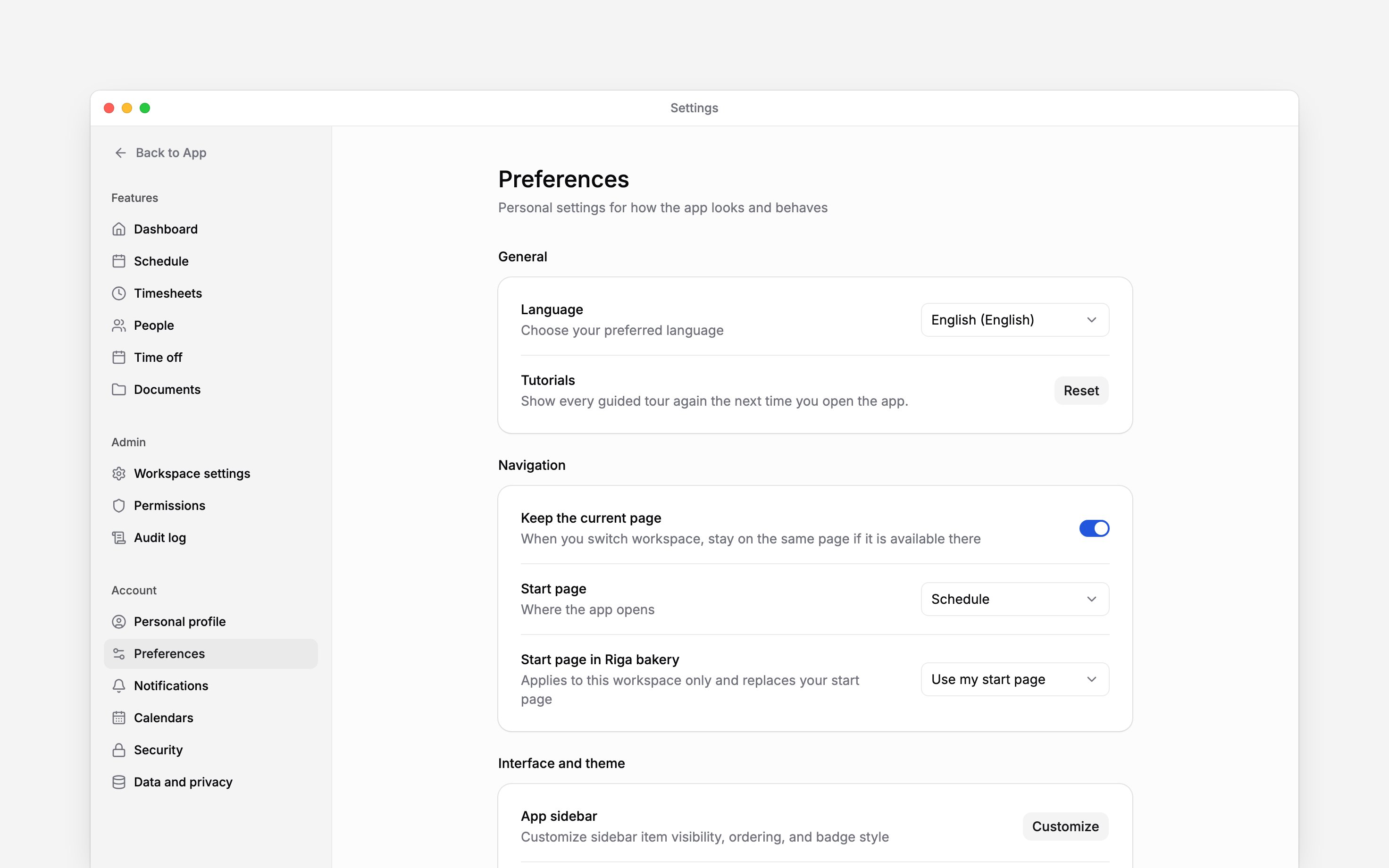 Preferences settings with language, tutorial and start-page controls