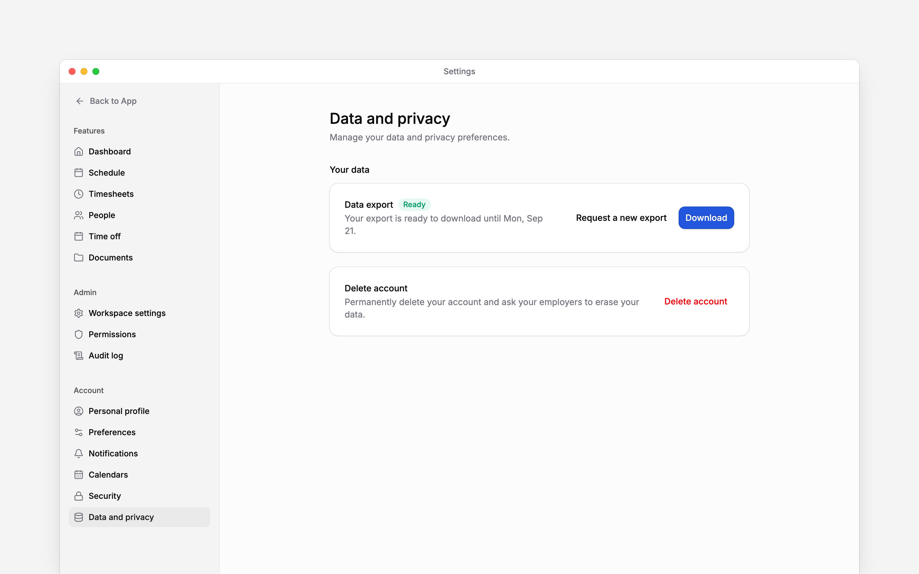 Data and privacy settings with a personal export ready to download